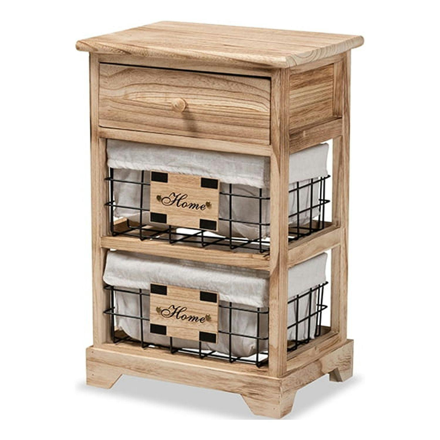 Madra Oak Brown Wood 1-Drawer Nightstand with Basket Storage