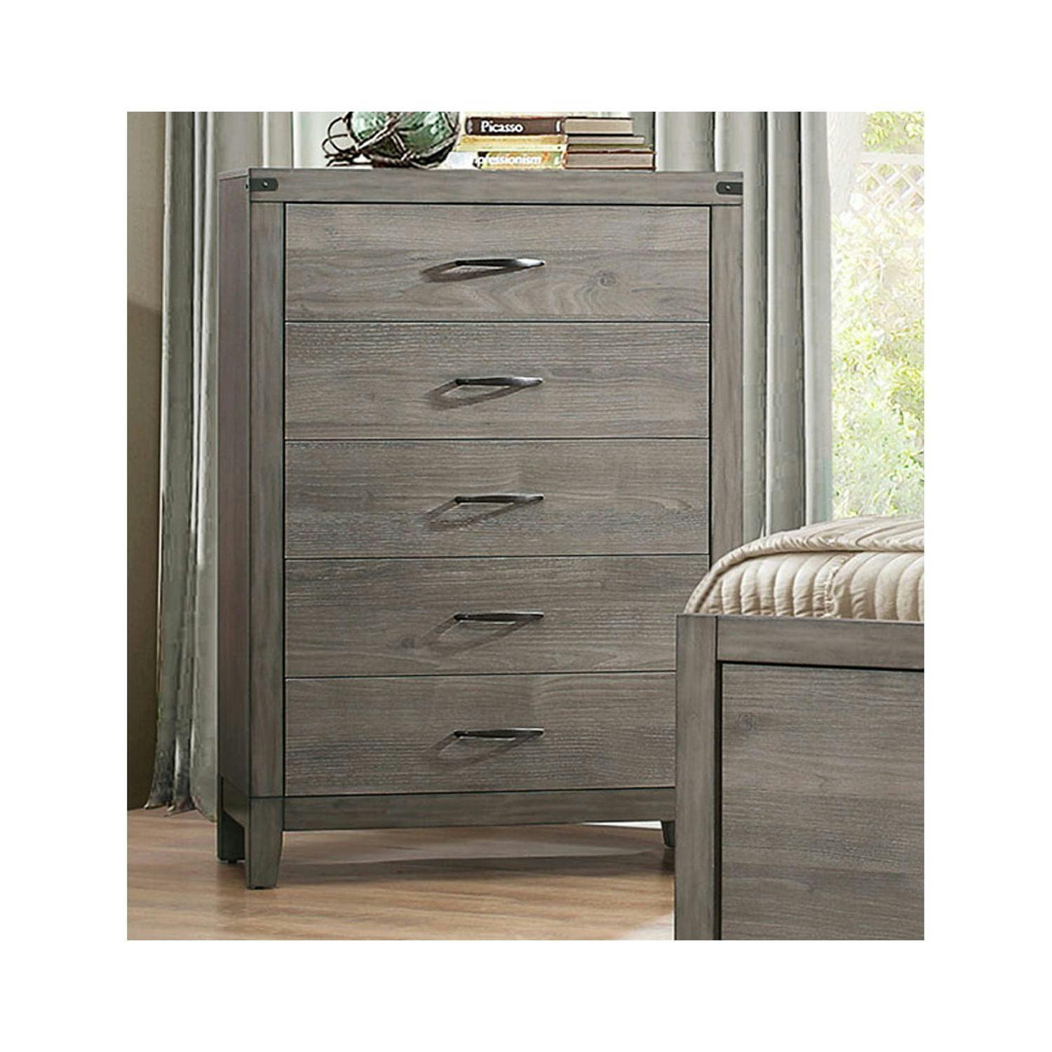 Weathered Gray 5-Drawer Wood Chest with Metal Accents