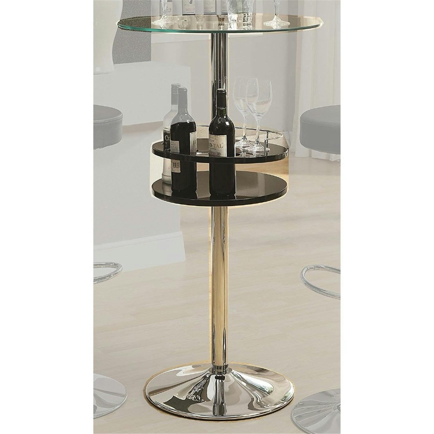 Contemporary Chrome Polished Round Bar Table with Glass Top and Storage