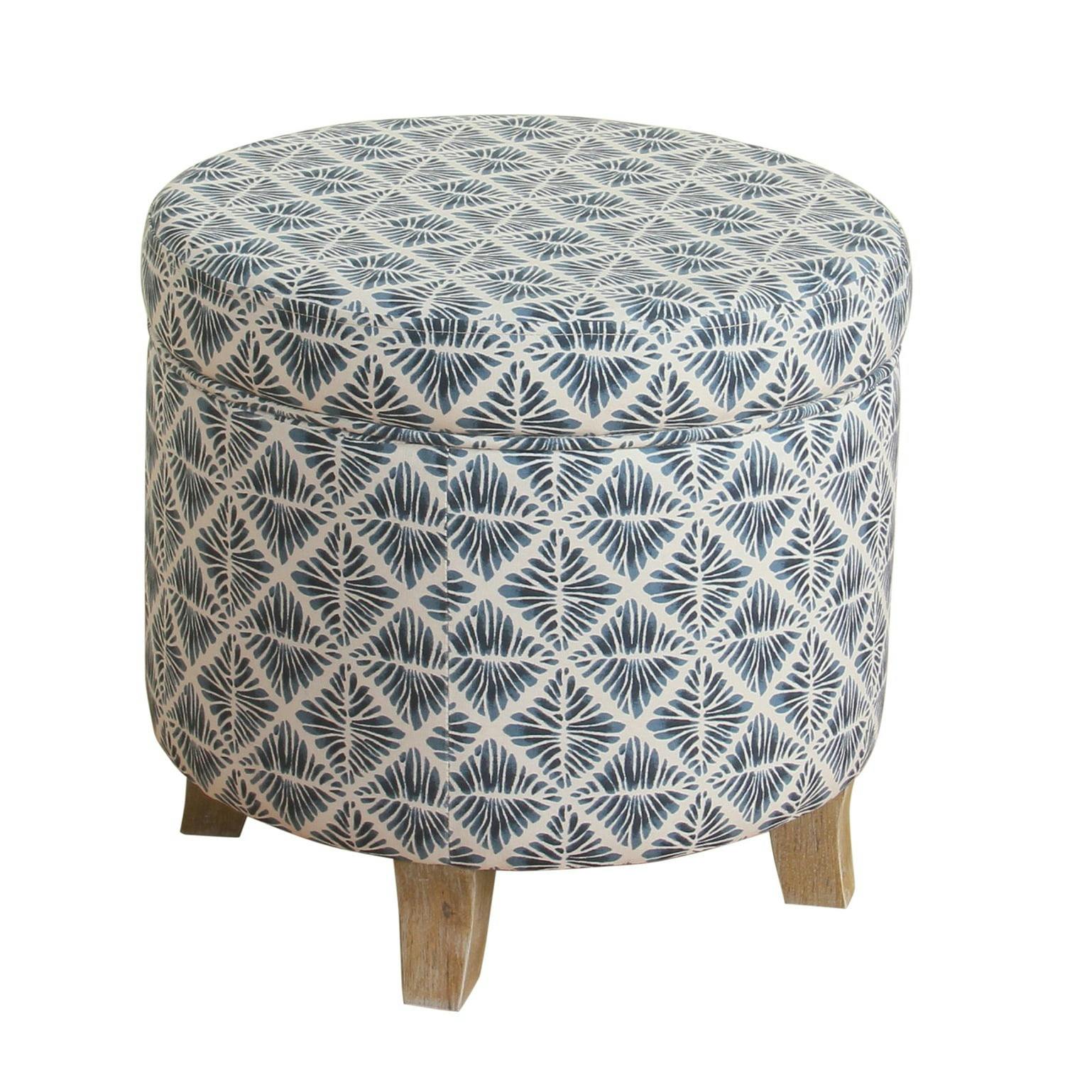 Benzara Round Blue and White Fabric Upholstered Wooden Ottoman with Storage
