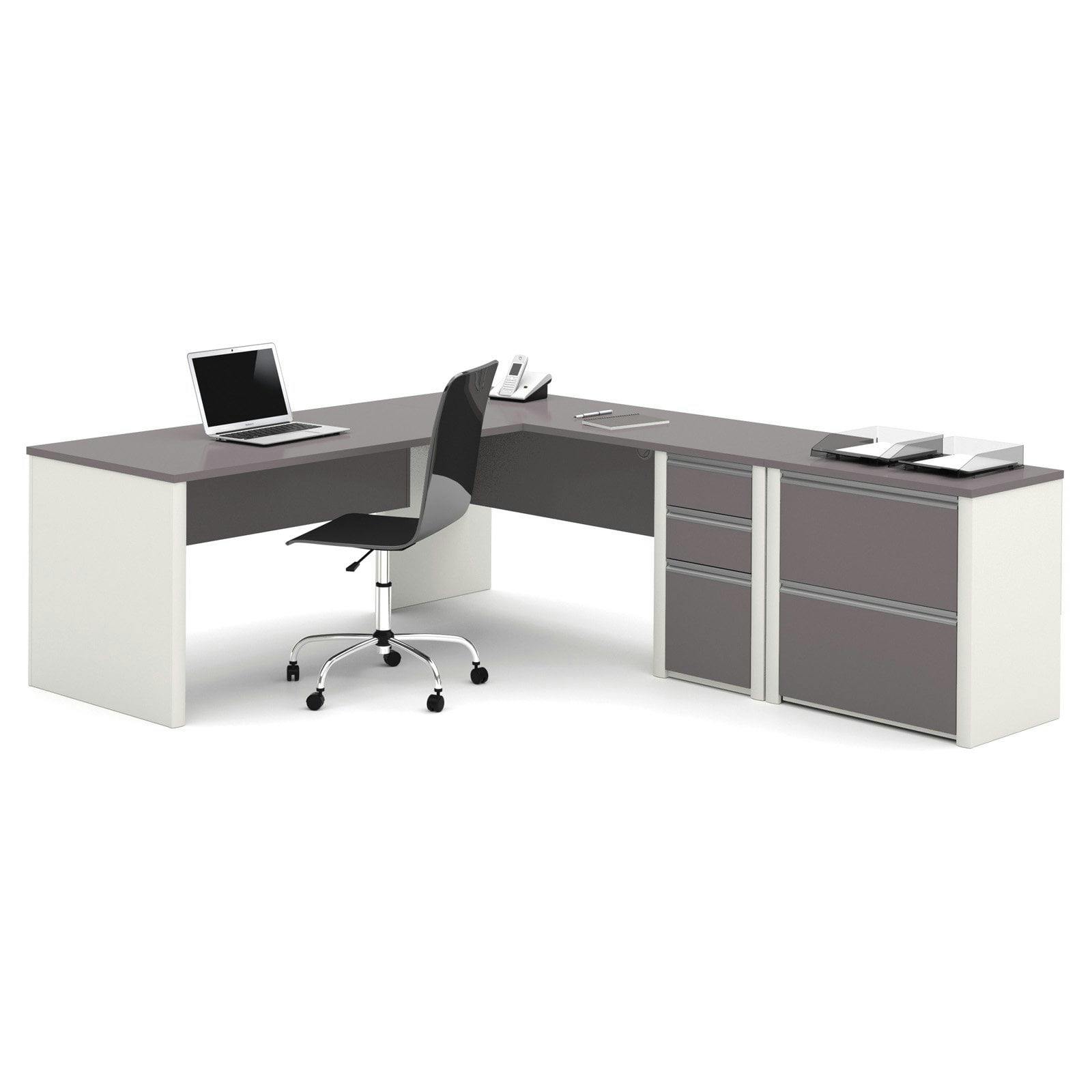 Modern White and Gray L-Shaped Computer Desk with Filing Cabinet