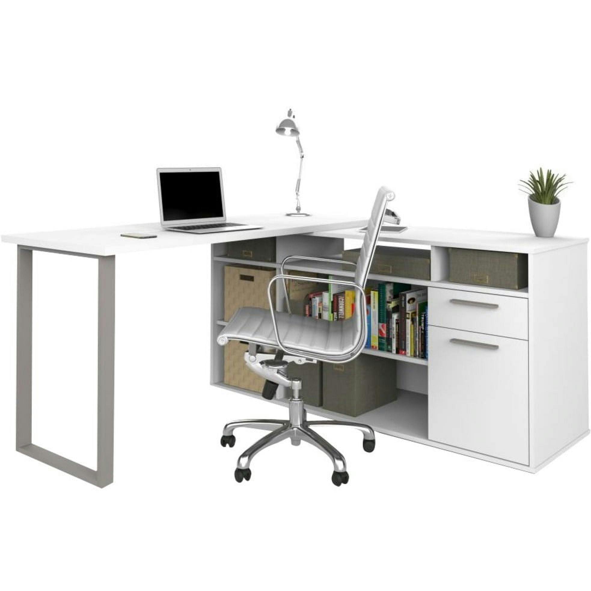 Contemporary White L-Shaped Home Office Desk with Filing Drawer