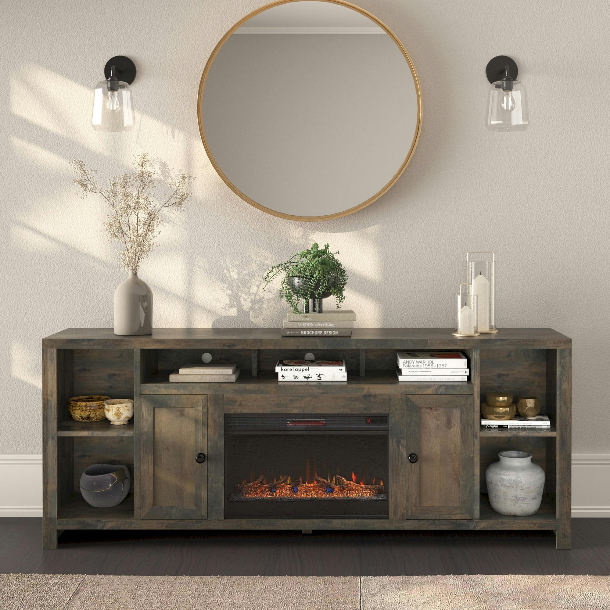 Transitional 84'' Brown TV Stand with Electric Fireplace & Storage Cabinet