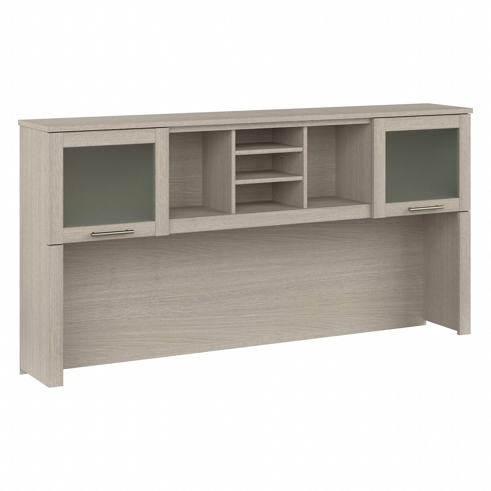 Sand Oak Transitional 71" Desk Hutch with Frosted Glass Doors