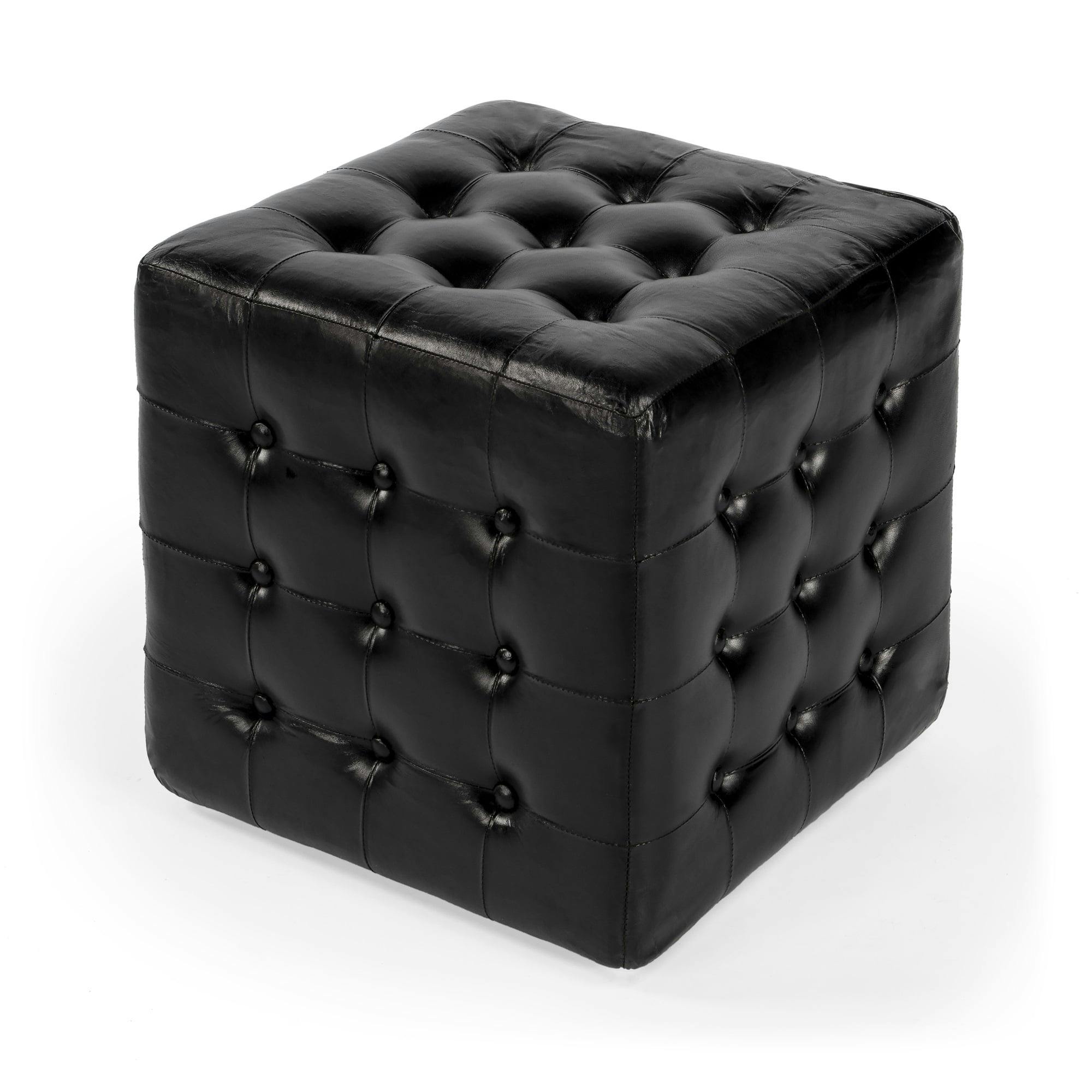 Leon 112'' Black Genuine Leather Tufted Cube Ottoman