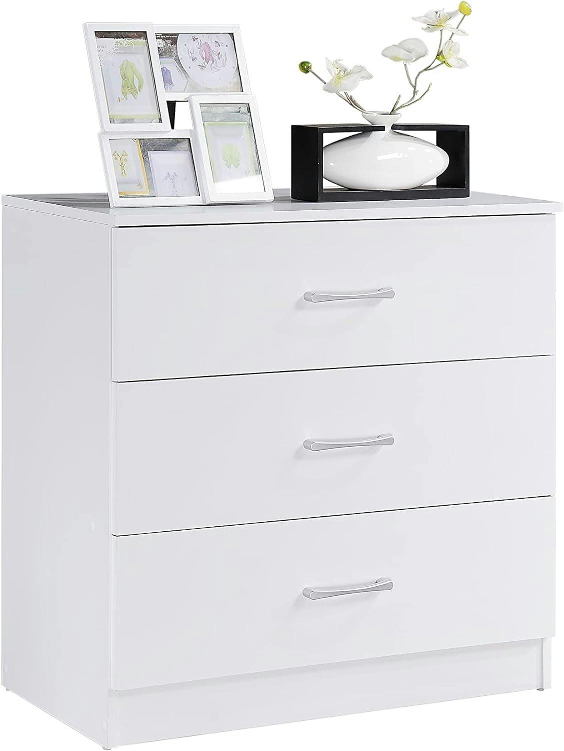 Modern White 3-Drawer Wood Dresser with Ring Pull Handles