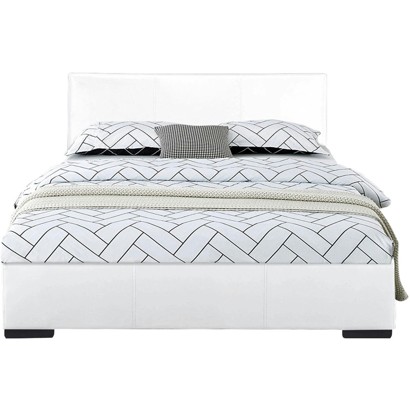 Serene White Twin Upholstered Faux Leather Platform Bed with Headboard