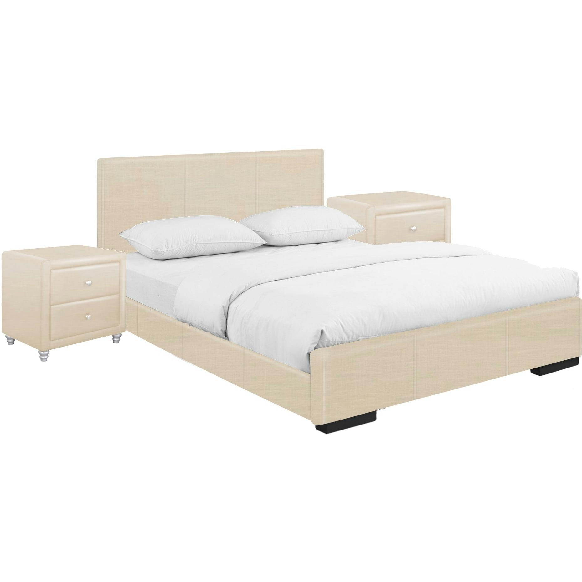 Elegant Hindes King-Sized Beige Faux Leather Upholstered Bed with Slats