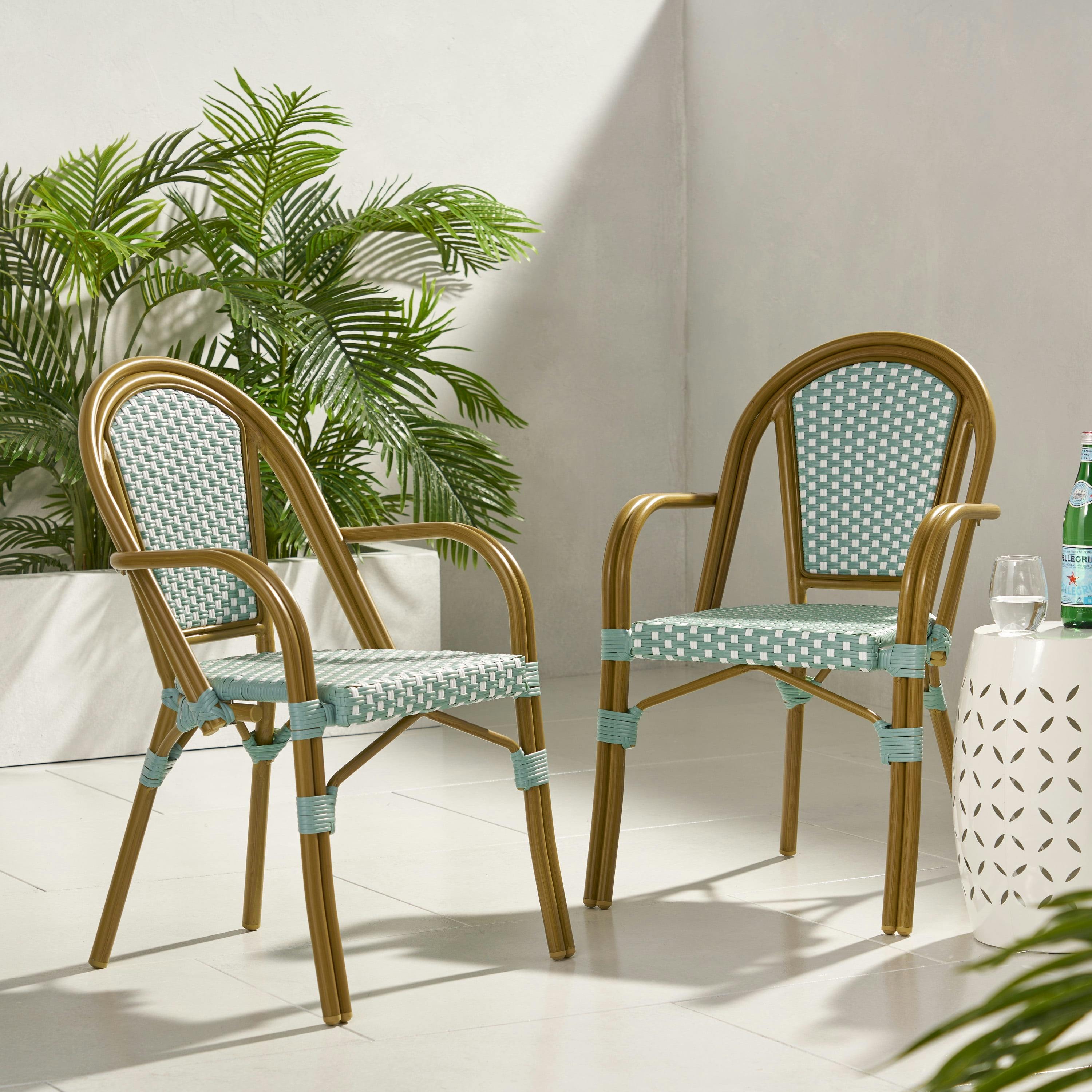 Sophisticated French-Country Light Teal & White Aluminum Bistro Chairs, Set of 2