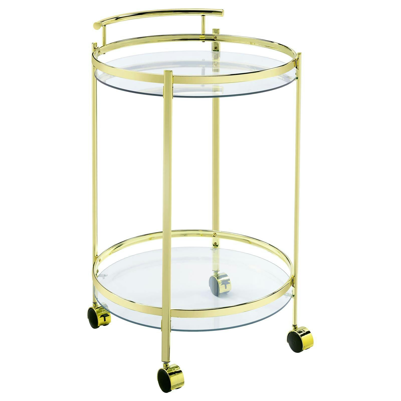 Luxe Modern 31" Gold Metal and Glass Round Bar Cart with Lockable Casters
