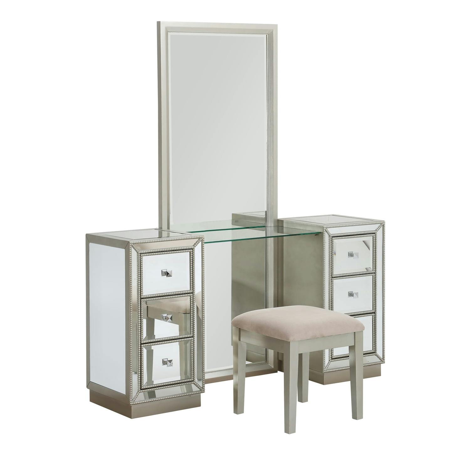 Elsinore Champagne Traditional Silver Console with Mirror & Stool