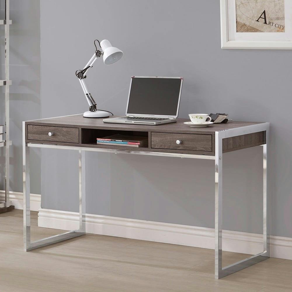 Weathered Gray Contemporary Home Office Desk with Chrome Accents and Dual Drawers