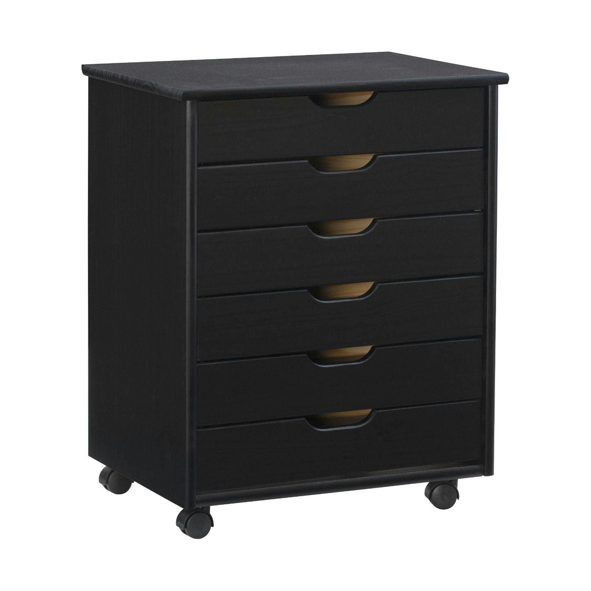 25.25'' Black Pinewood Wide Rolling Storage Cabinet with 6 Drawers