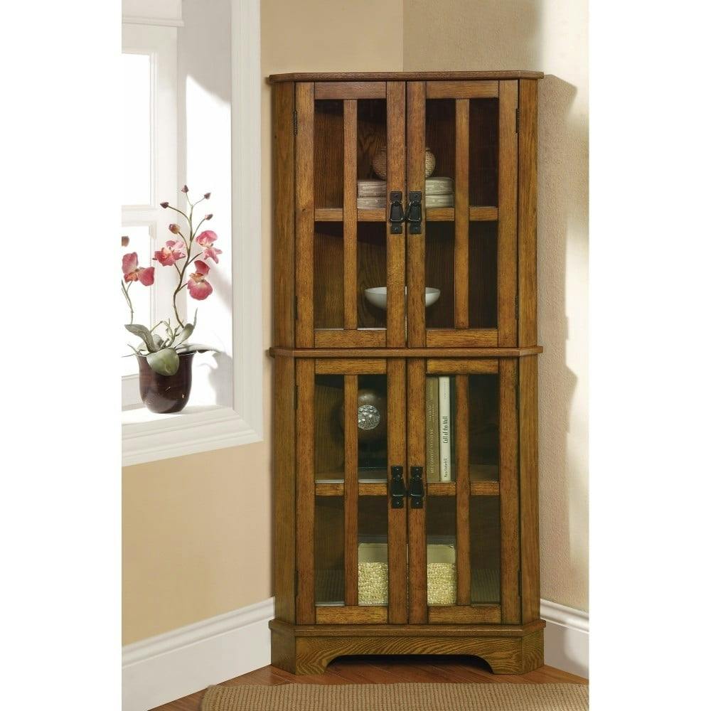 Transitional Golden Brown Corner Curio Cabinet with Glass Doors