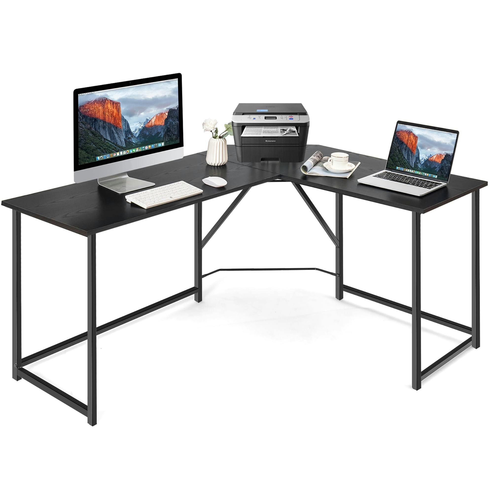 Modern L-Shaped Black Wood & Metal Corner Computer Desk