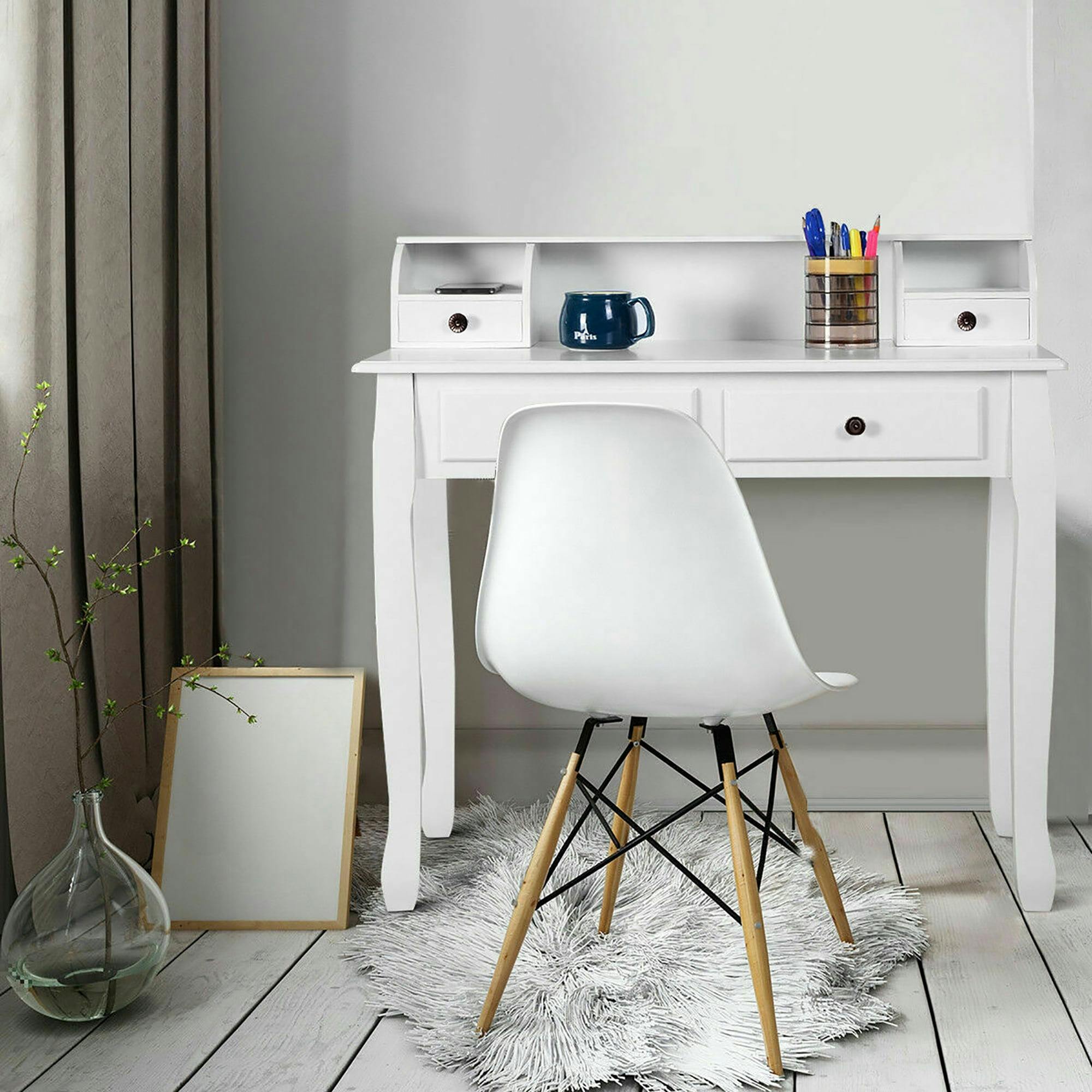 Modern White Wood Writing Desk with 4 Drawers and Storage Shelf