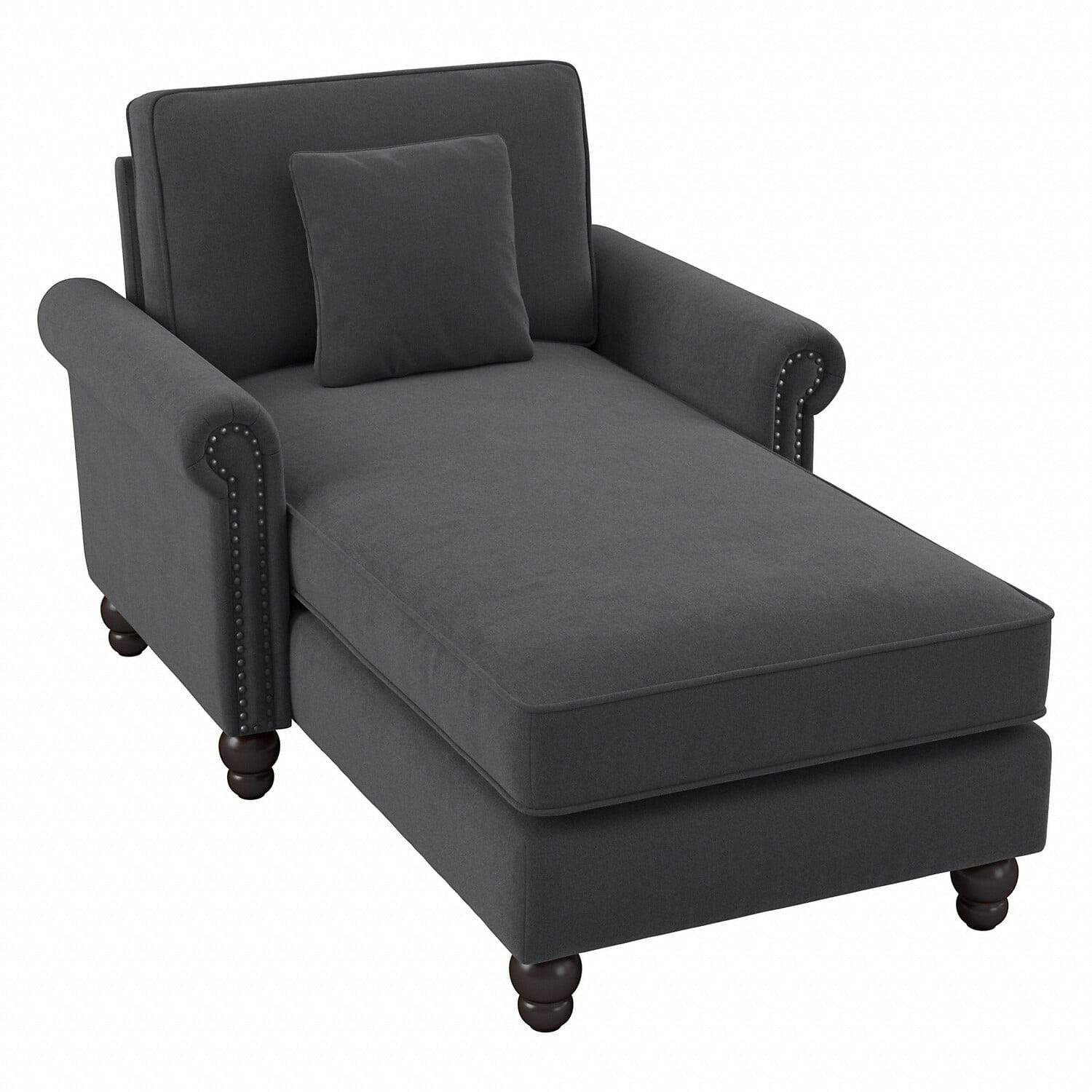Charcoal Gray Herringbone Microfiber Chaise Lounge with Arms