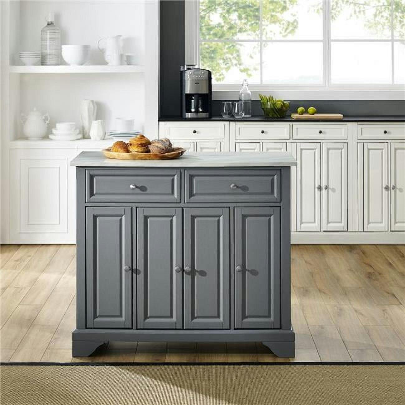 Avery Distressed Gray Solid Hardwood Kitchen Island with Faux Marble Top
