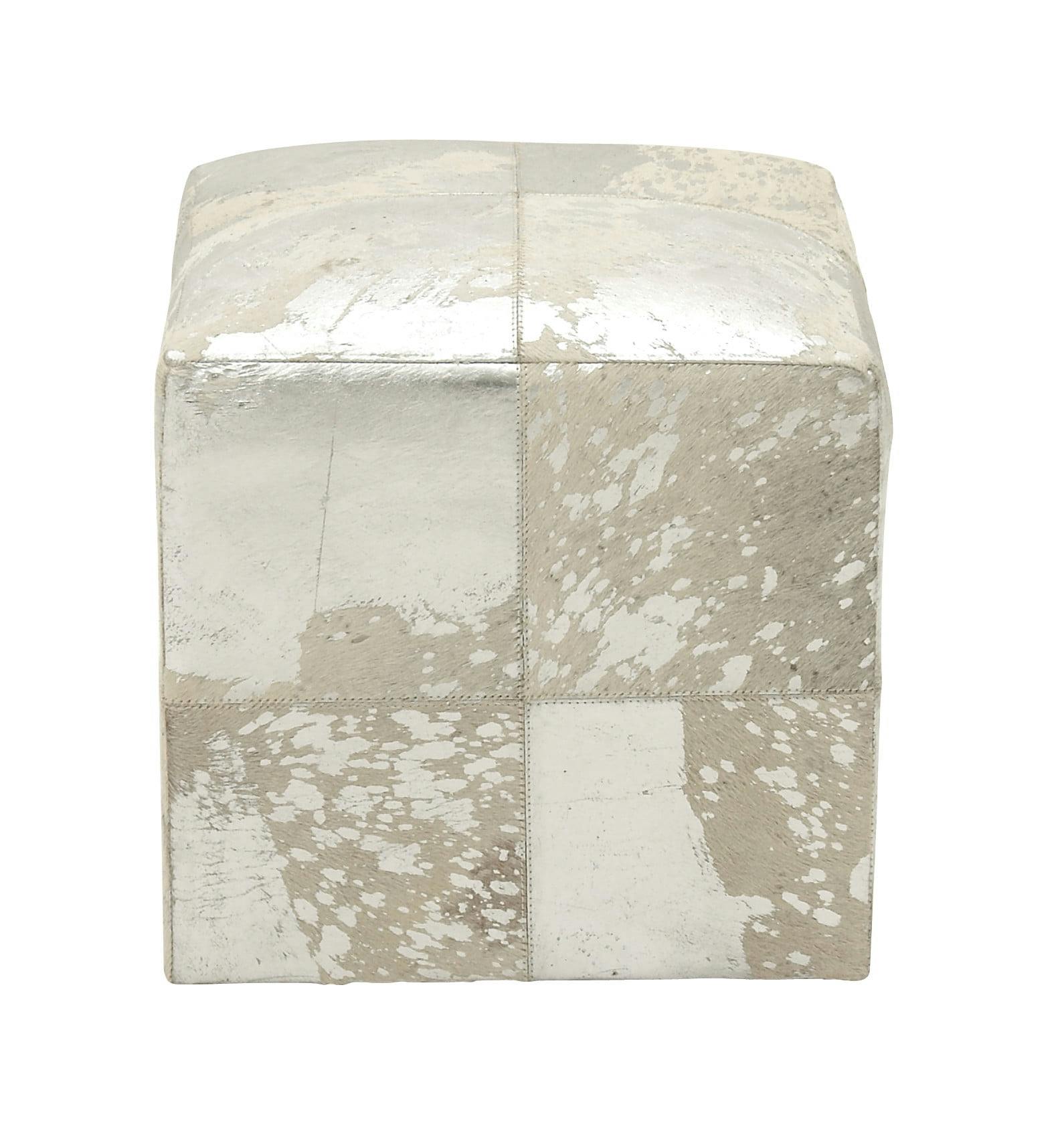 Elegance Unleashed White Leather Pouf with Silver Accents, 16"x17"
