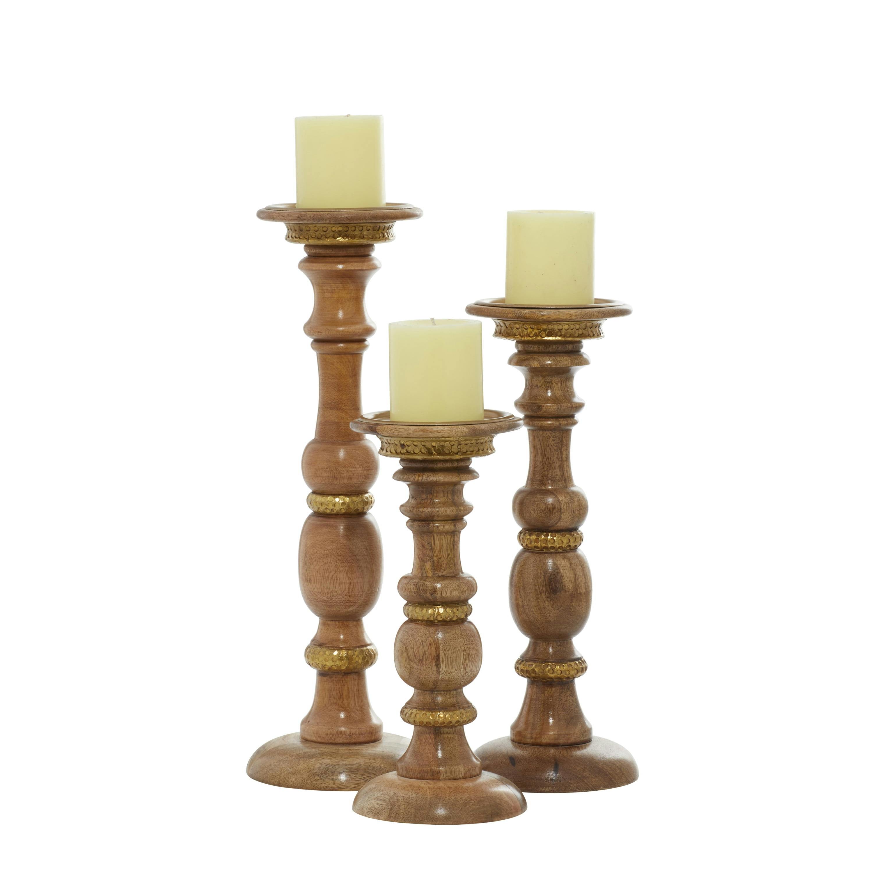 Mocha Mango Wood Candlestick Trio with Brass Accents