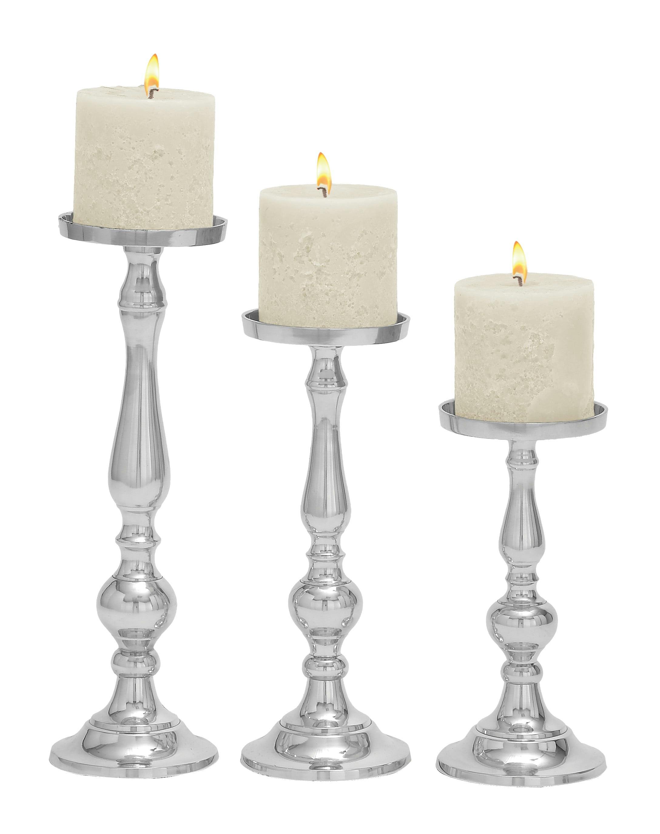 Elegant Trio Silver Aluminum Pillar Candle Holders - 16", 13", 10" Heights