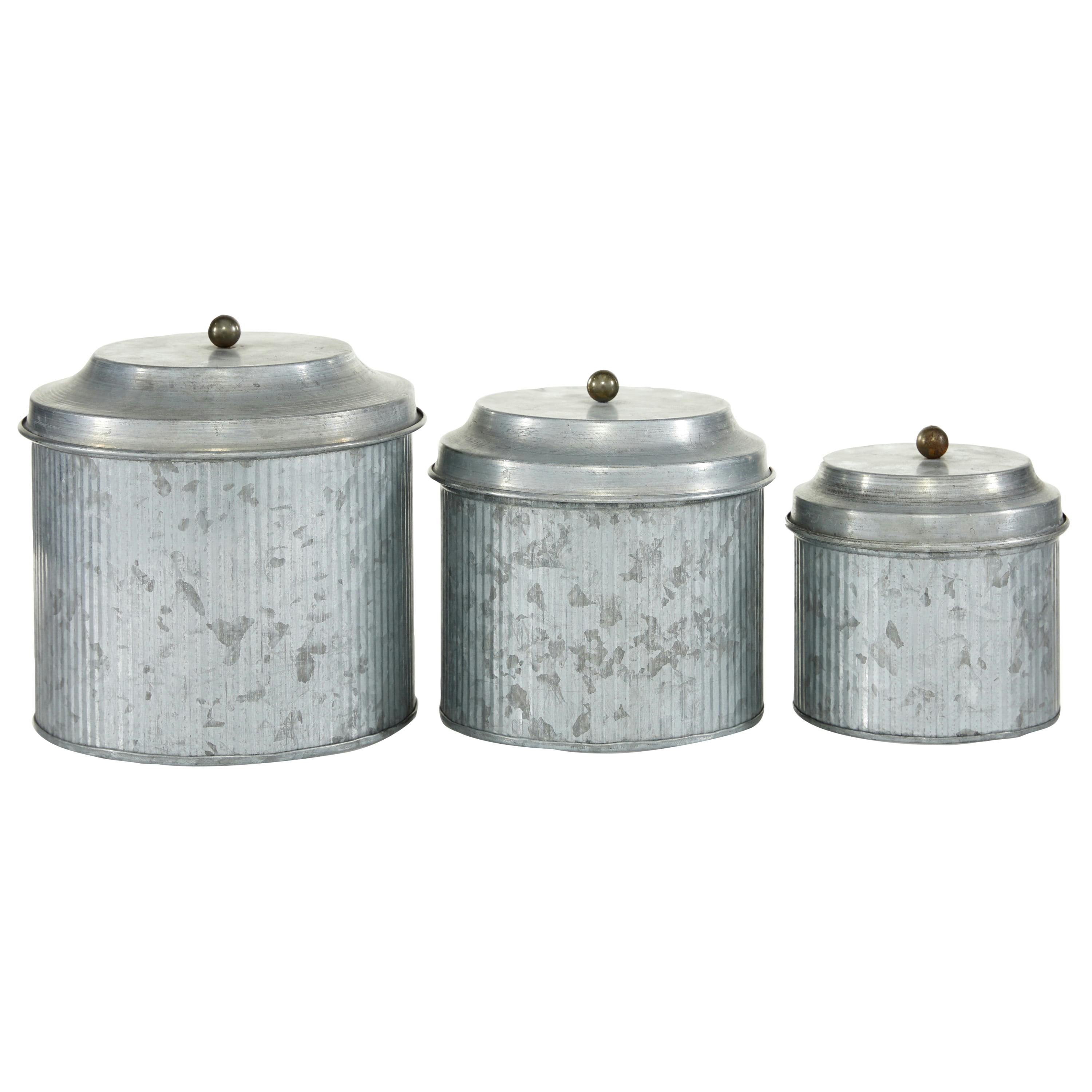 Set of 3 Silver Galvanized Iron Decorative Jars
