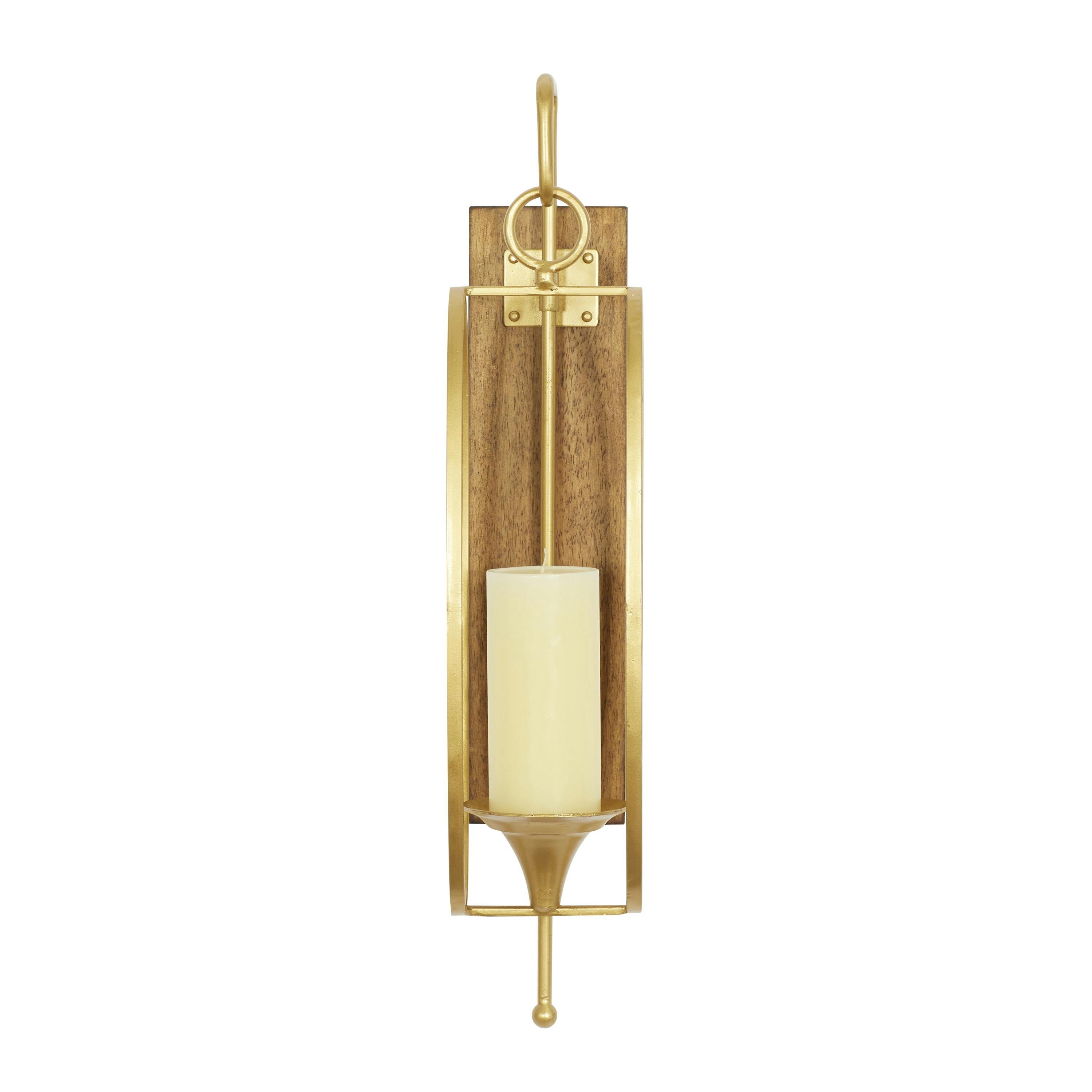 Tall Rustic Wood and Gold Metal Pillar Candle Lantern