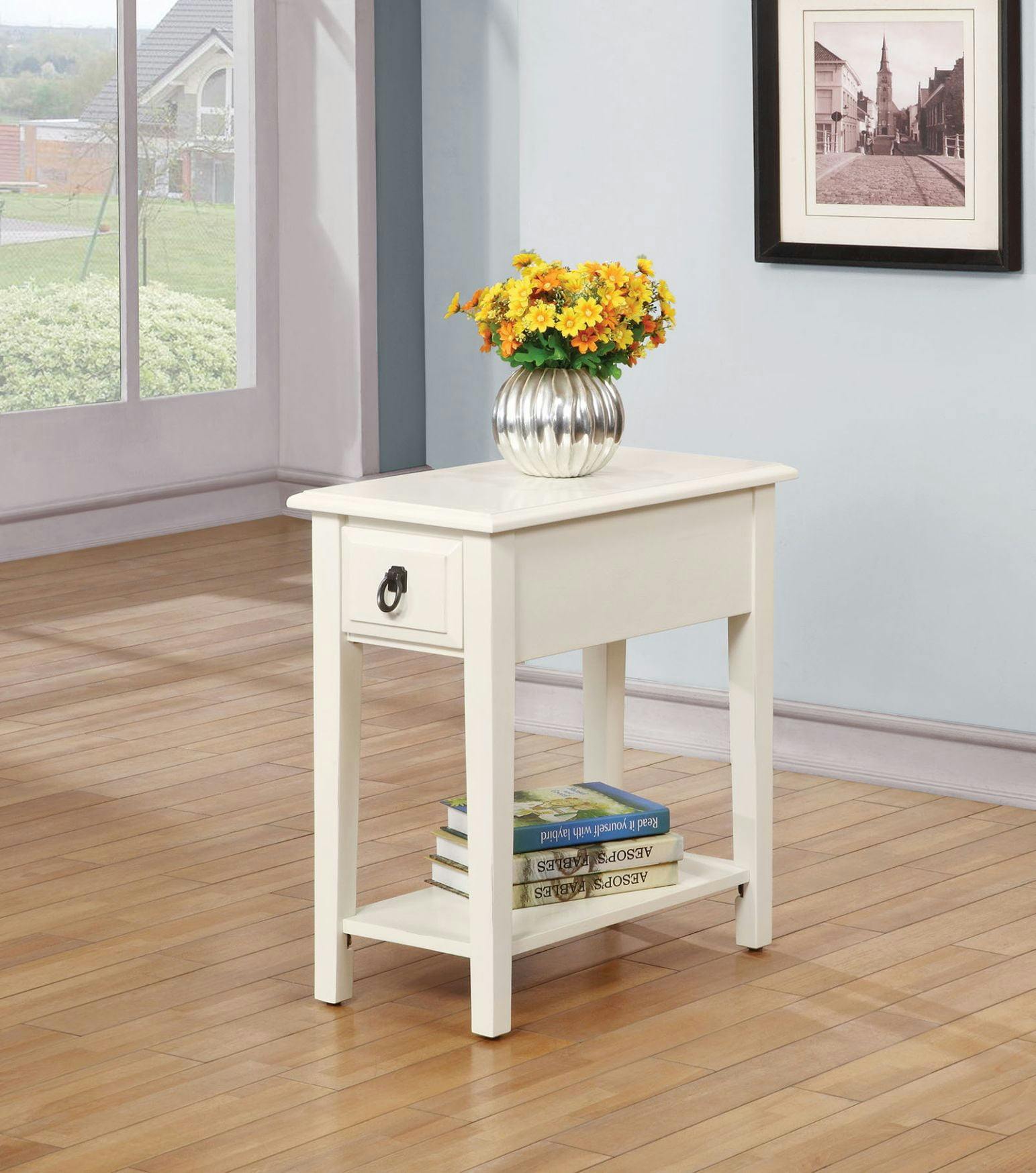 Jeana White Wood Rectangular Side Table with Storage