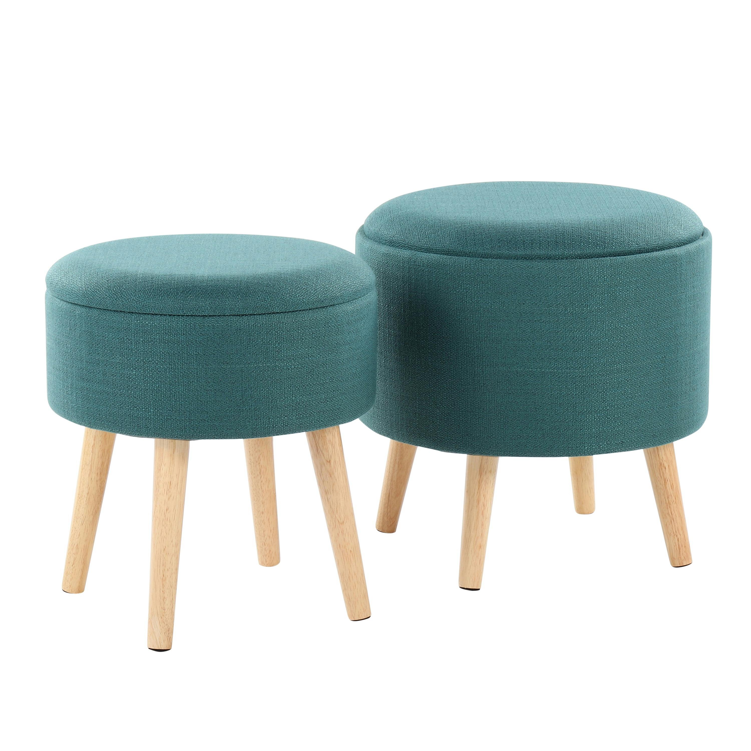 Teal Fabric Ottoman with Natural Wood Tray and Matching Stool