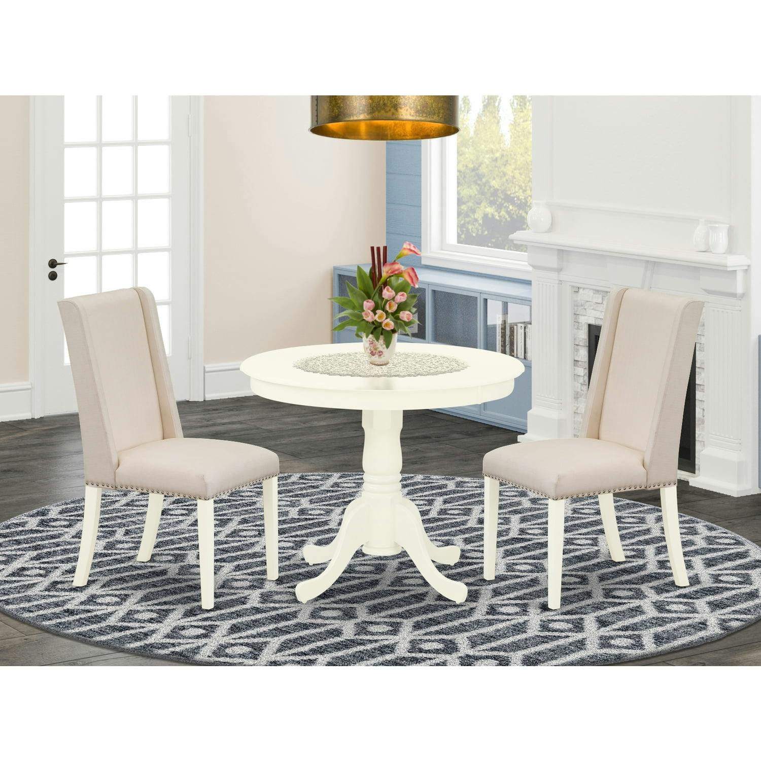 Linen White Glossy Finish 3-Piece Dining Set with Soft Fabric Chairs