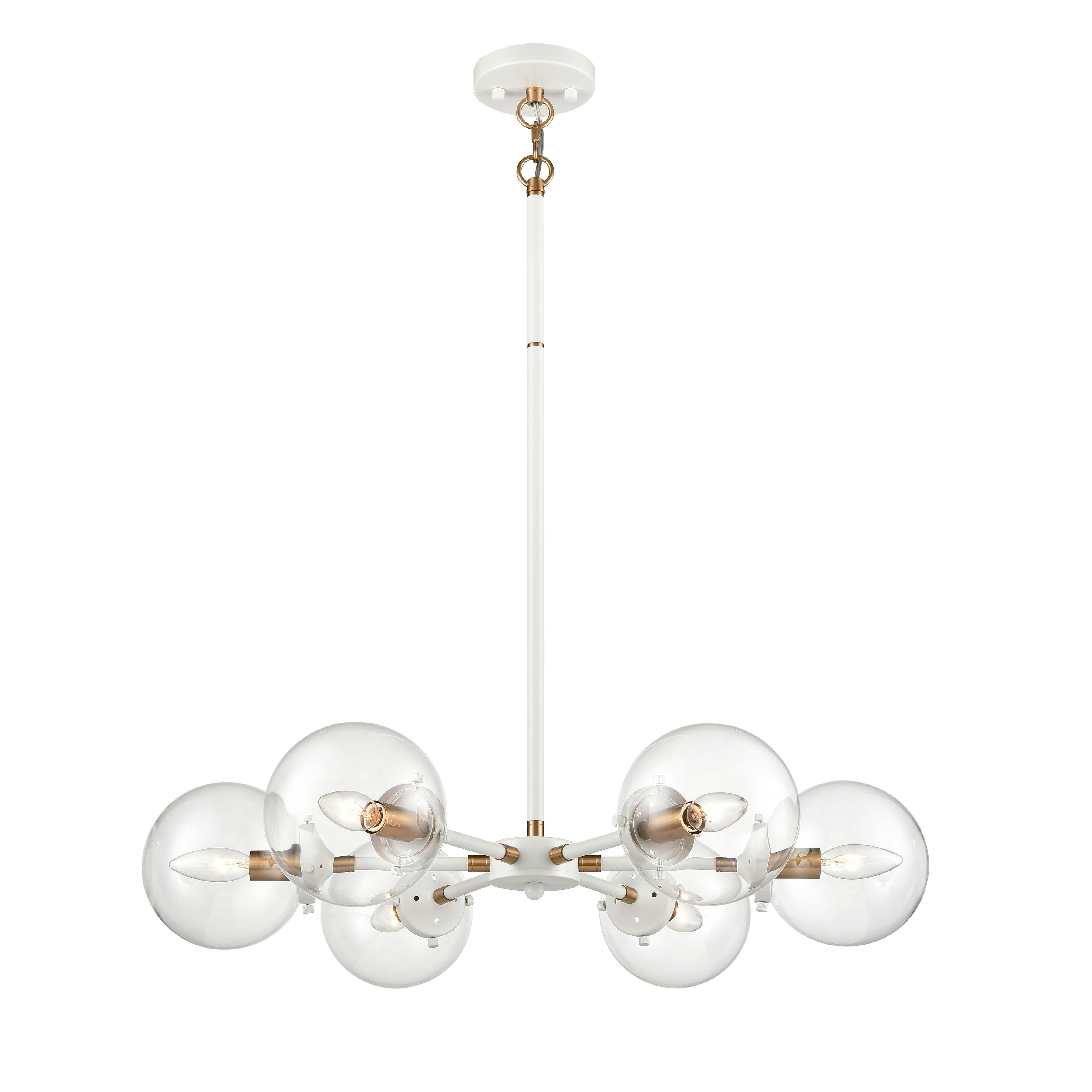 Matte White and Satin Brass 6-Light Midcentury Modern Chandelier with Clear Glass