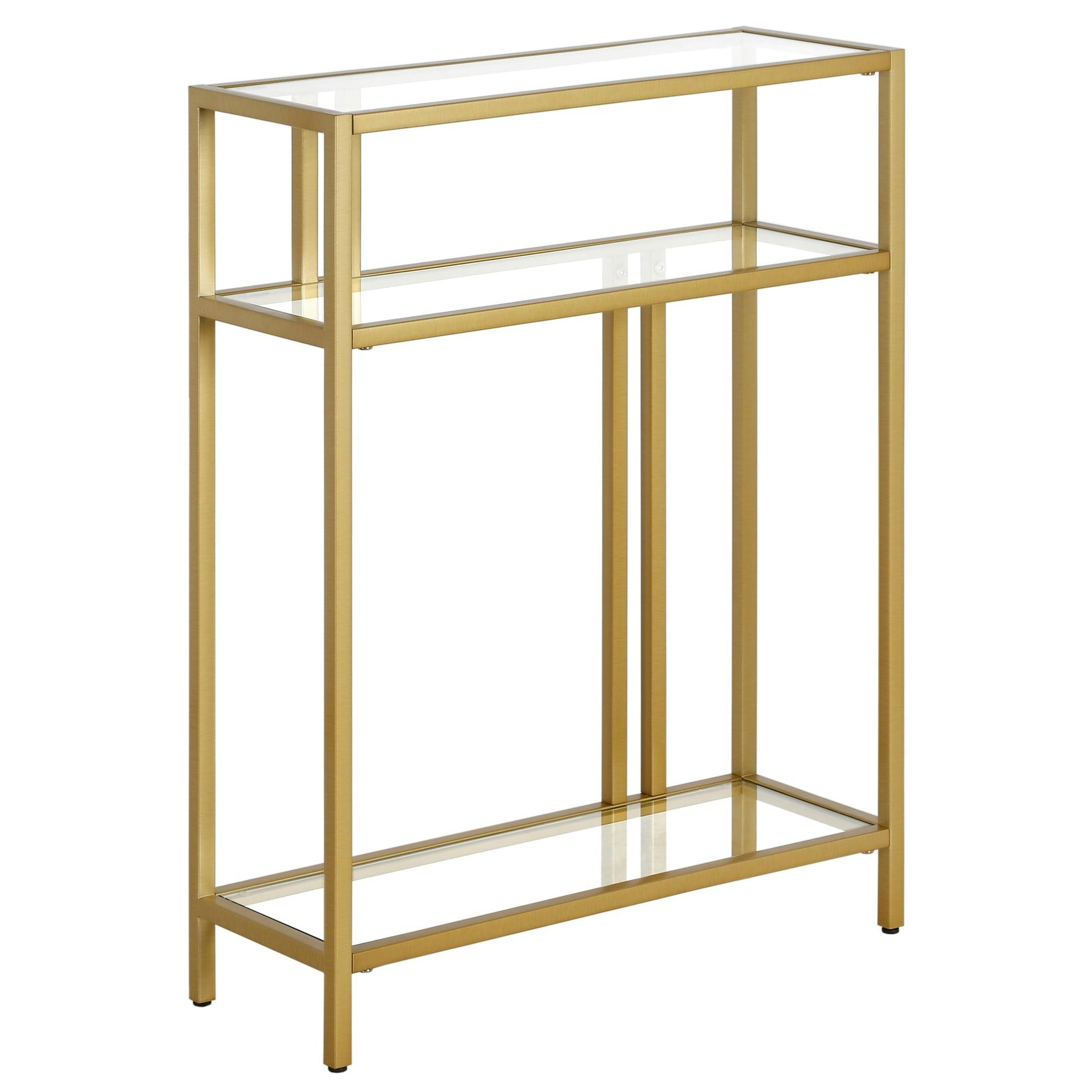 Compact Gold Industrial Console Table with Tempered Glass Shelves