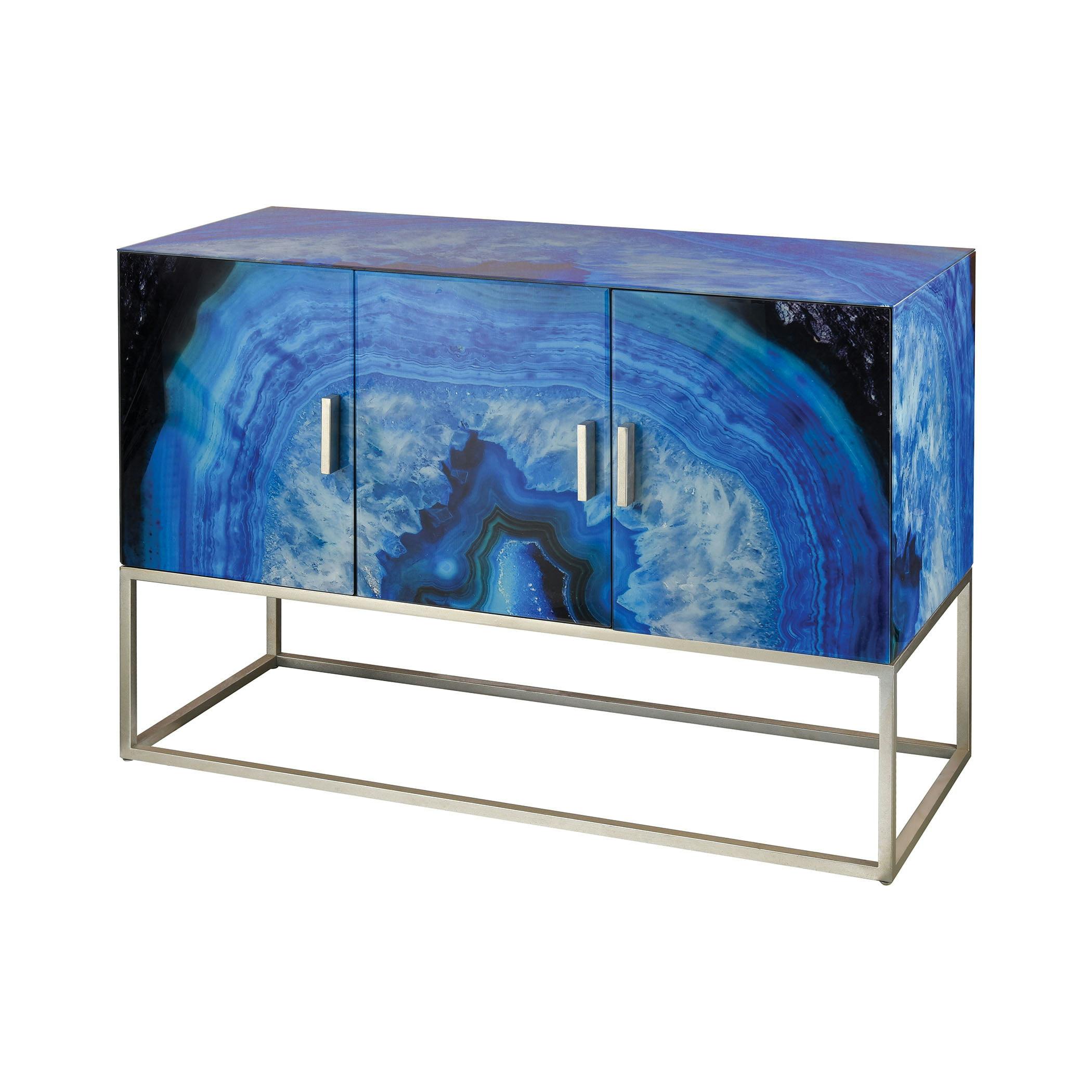 Modern Blue Five-O 3-Door Credenza with Silver Leaf Accents