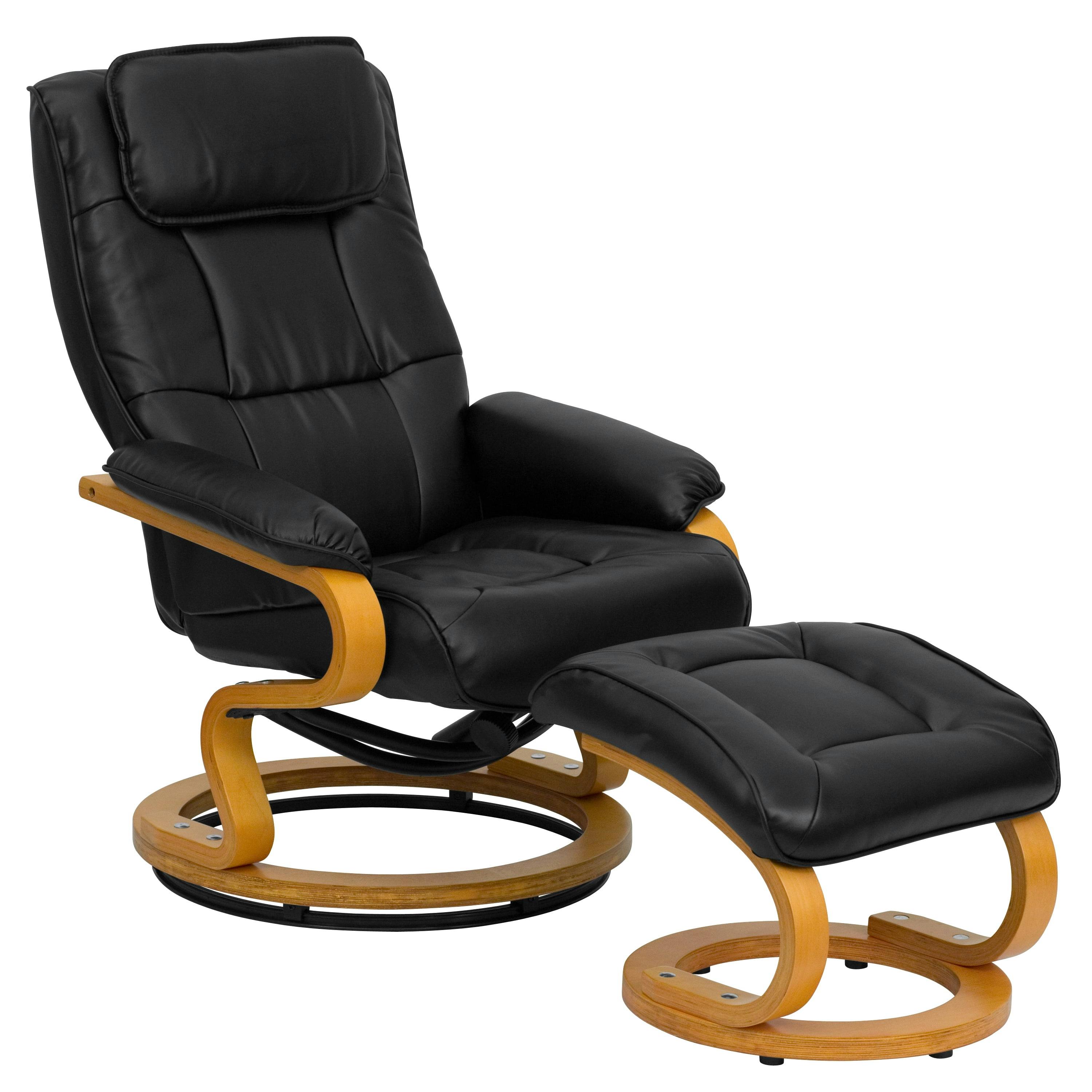 Swivel Black Leather Recliner with Ottoman and Maple Wood Base