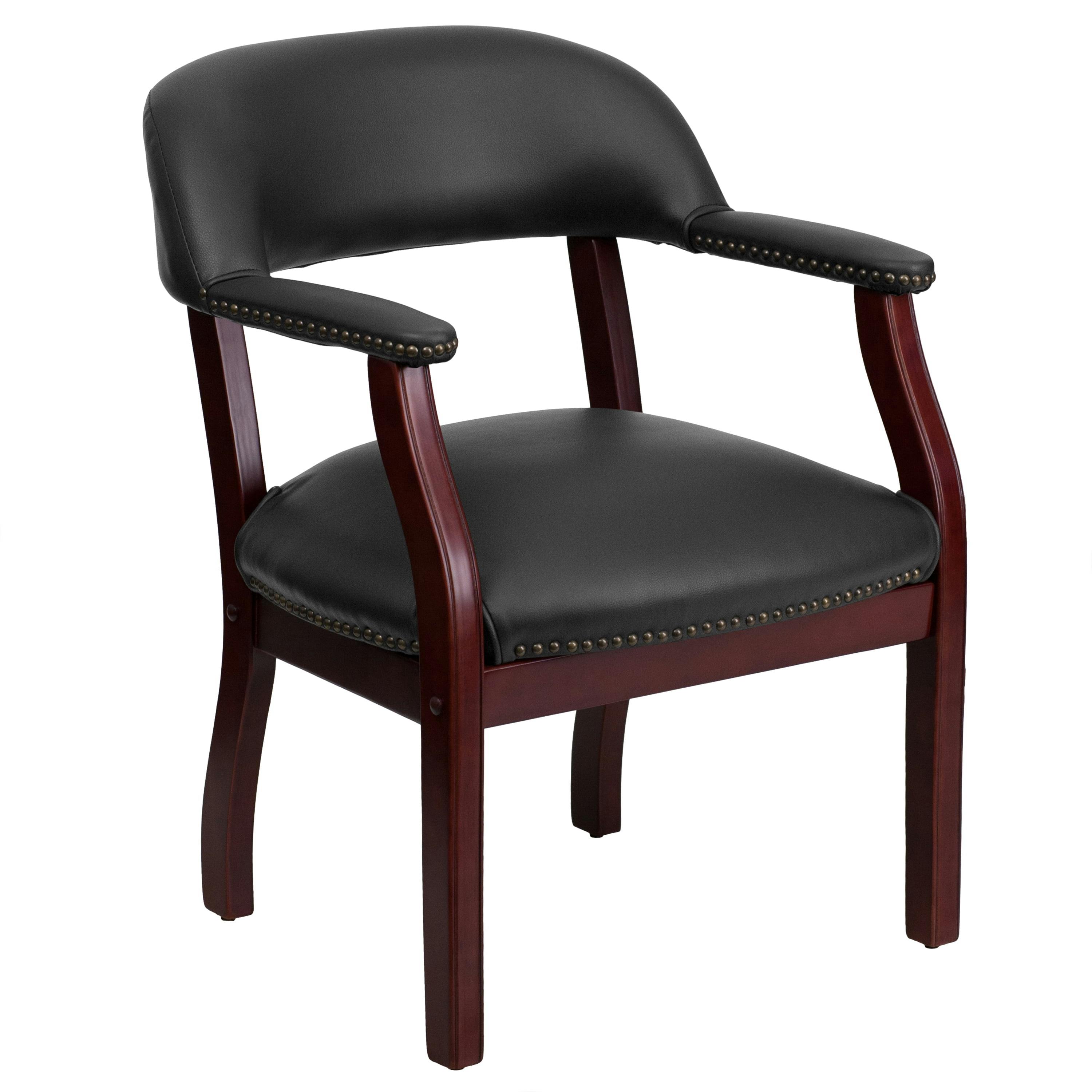 Elegant Black Vinyl and Wood Office Chair with Brass Nail Trim