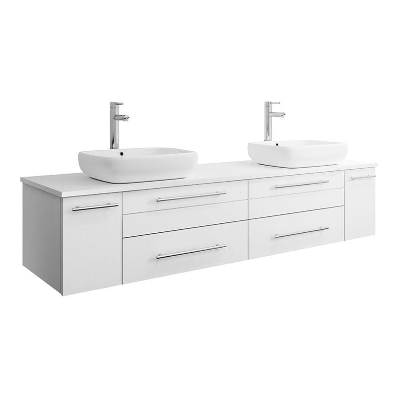 Elegant 72" White Quartz Top Double Vessel Sink Wall-Mount Vanity