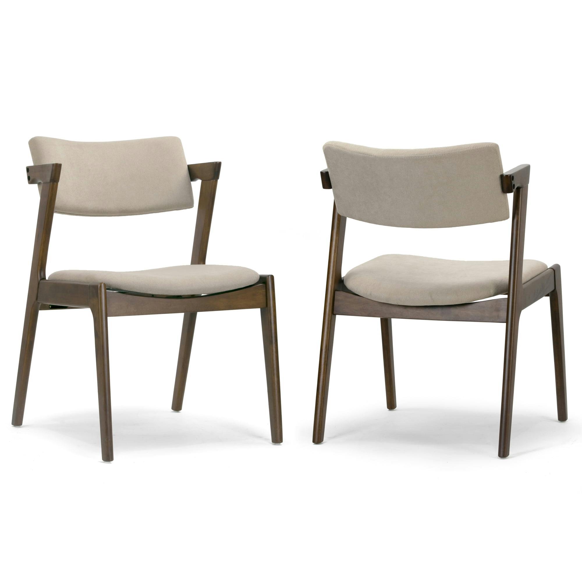 Retro Modern Beige Upholstered Wing Arm Chair in Dark Brown Wood