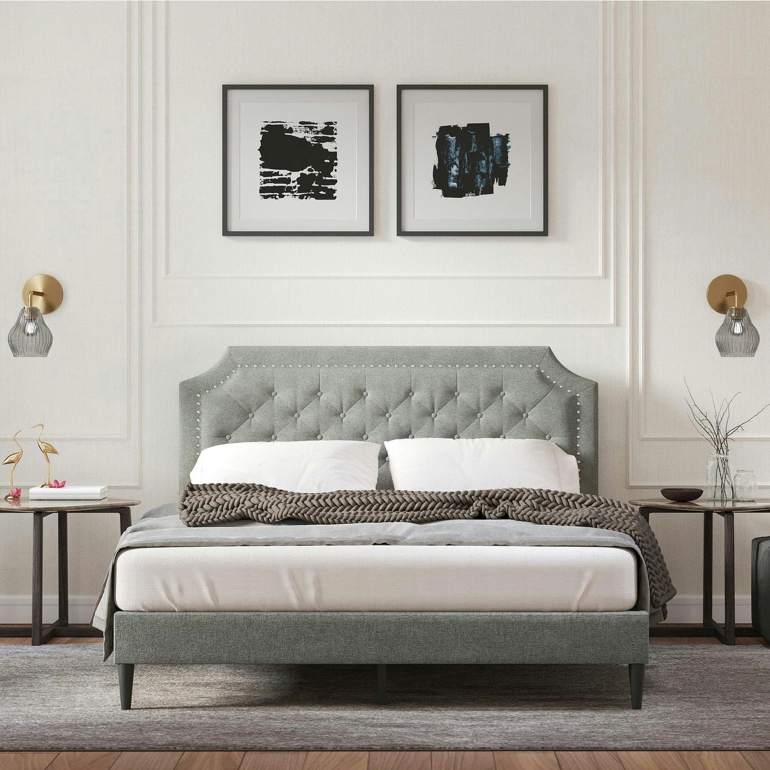 Elegant Stone Queen Upholstered Bed with Tufted Nailhead Headboard