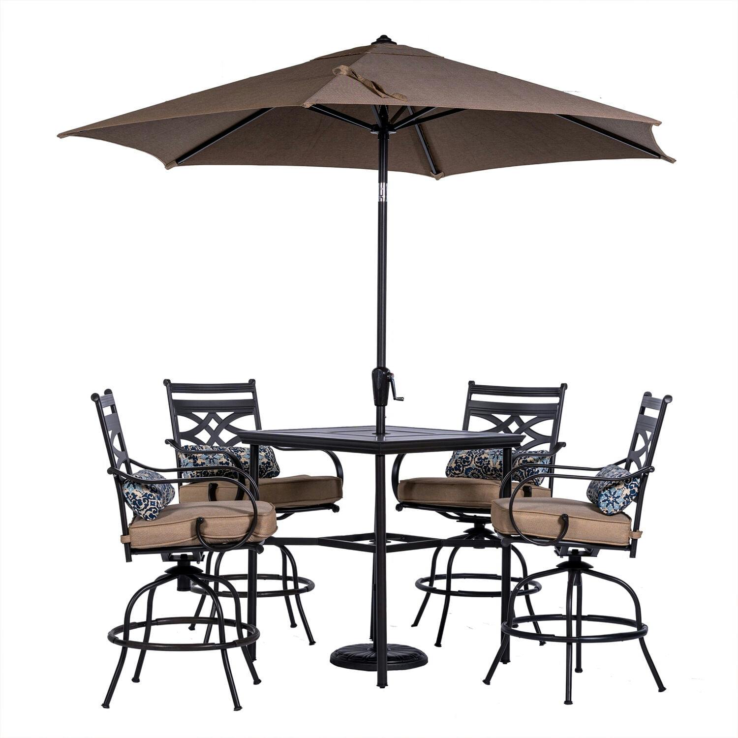 Montclair Modern 5-Piece Outdoor High-Dining Set with Swivel Chairs and Umbrella in Tan