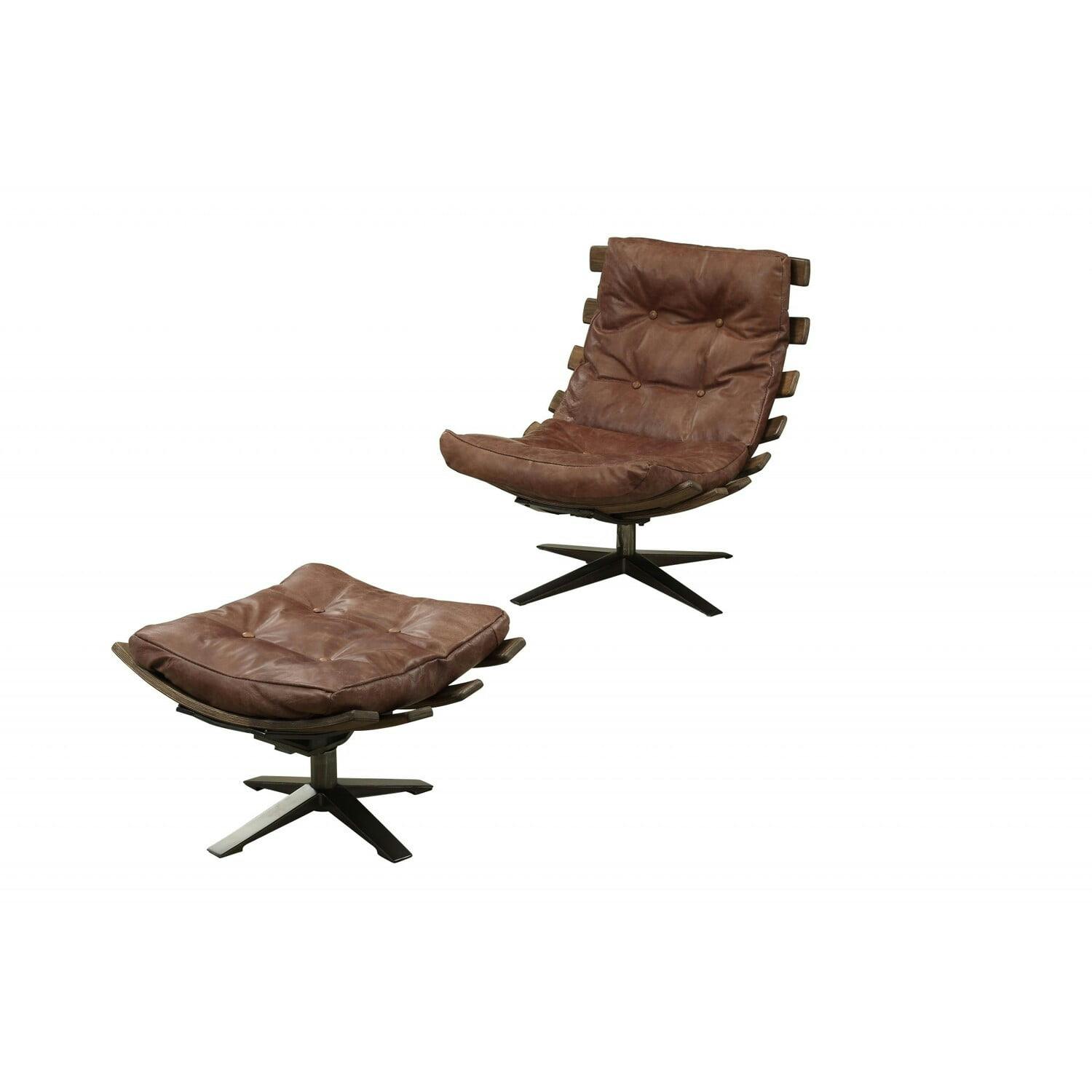Retro Brown Top Grain Leather Armless Recliner and Ottoman Set