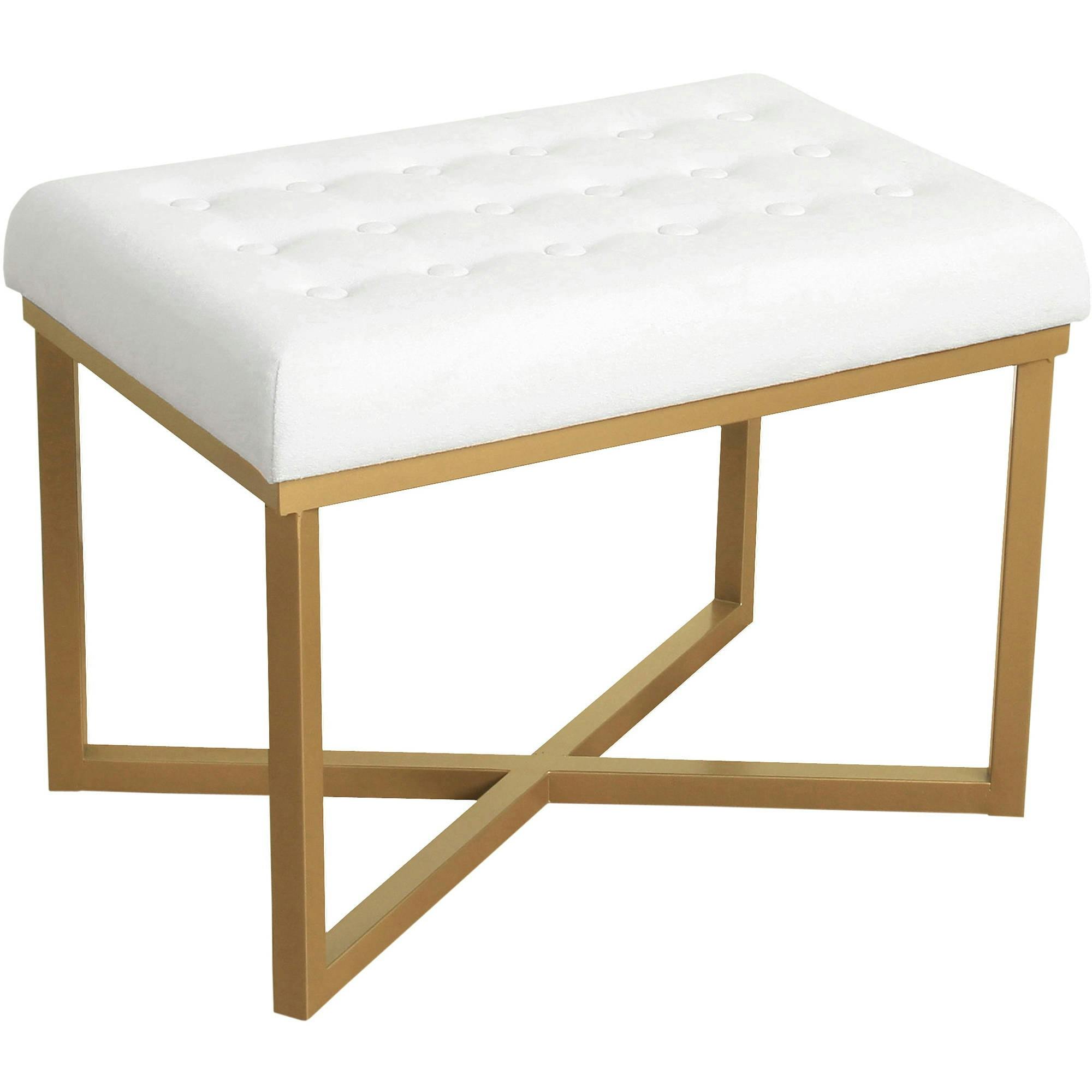 Luxurious Beige Velvet Tufted Ottoman with Gold Metal Base