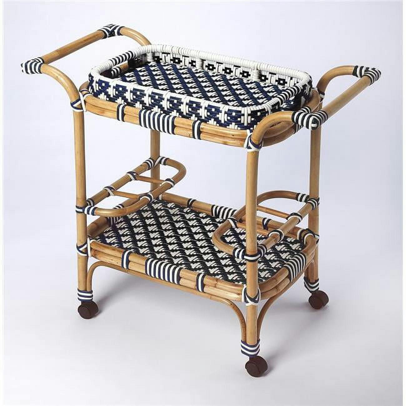 Transitional Blue and White Rattan Serving Cart with Removable Tray
