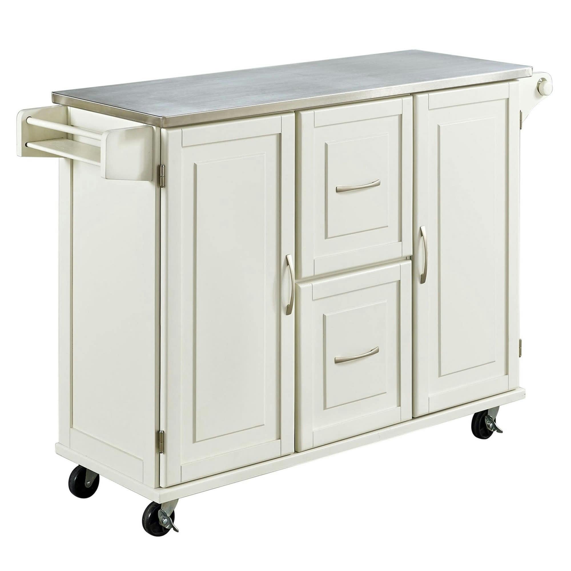 Stainless Steel Top Kitchen Cart with Spice Rack and Storage, Off-White