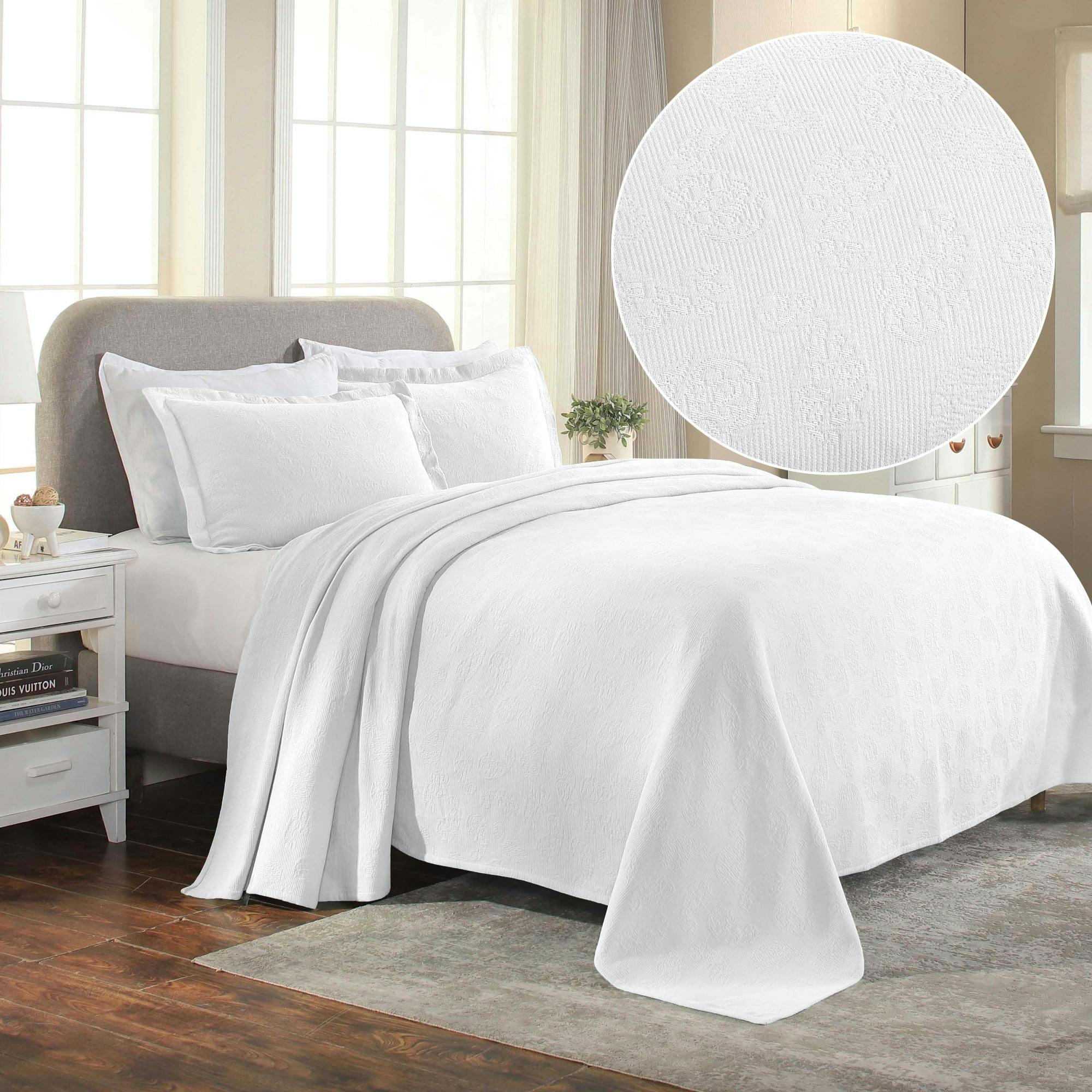 Elegant King-Sized White Cotton Paisley Bedspread 3-Piece Set