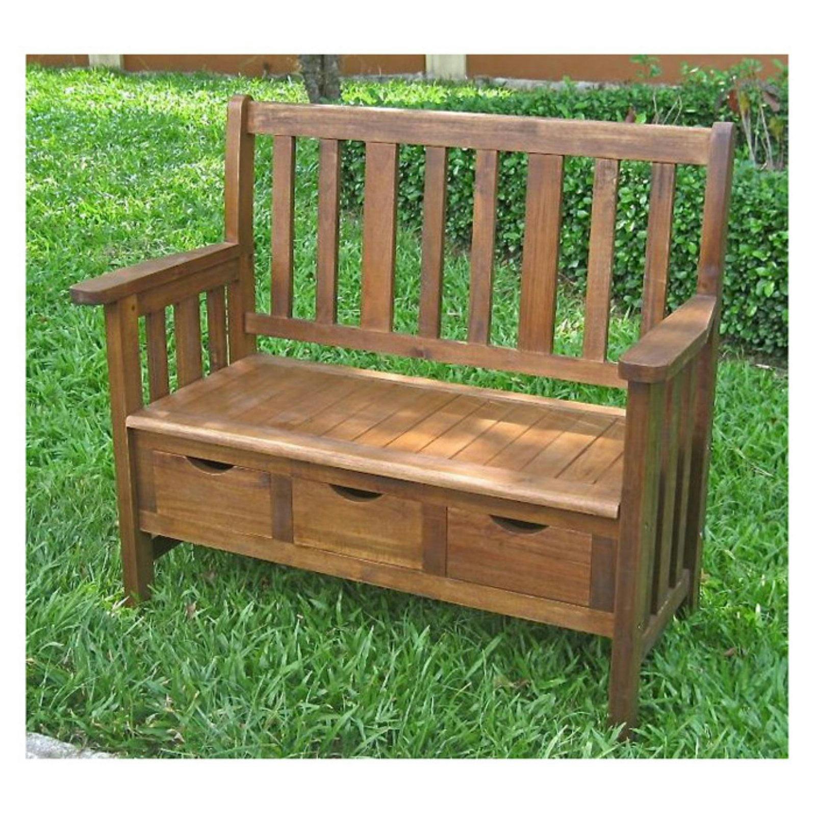 Highland Acacia 39'' Outdoor Bench with Storage Drawers, Rich Stain Finish