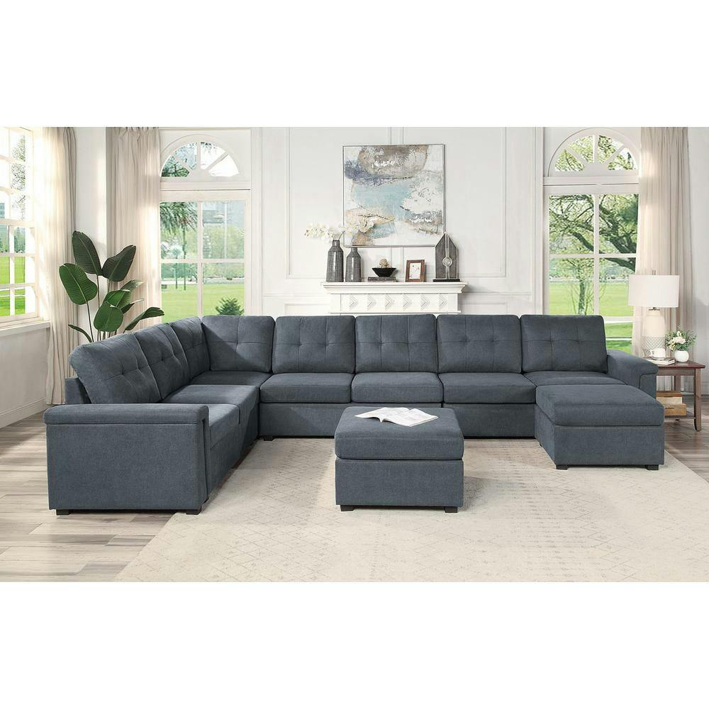 Isla 9-Seater Tufted Gray Fabric Sectional Sofa with Ottomans