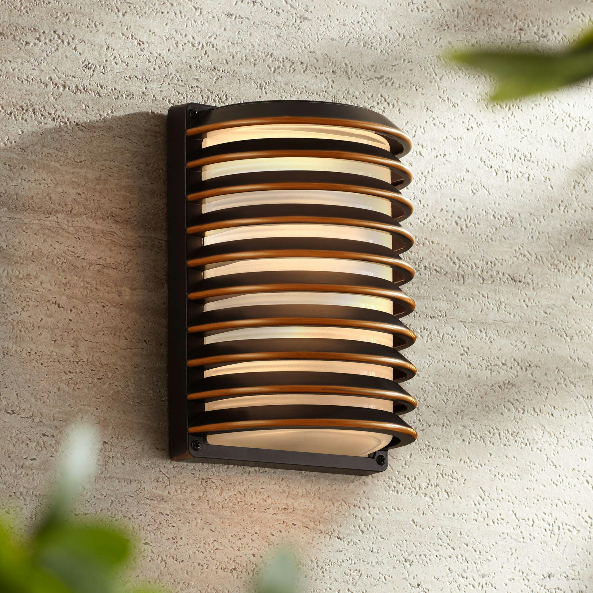 Bronze Banded Grid 13" Modern Outdoor Wall Light with Frosted Glass