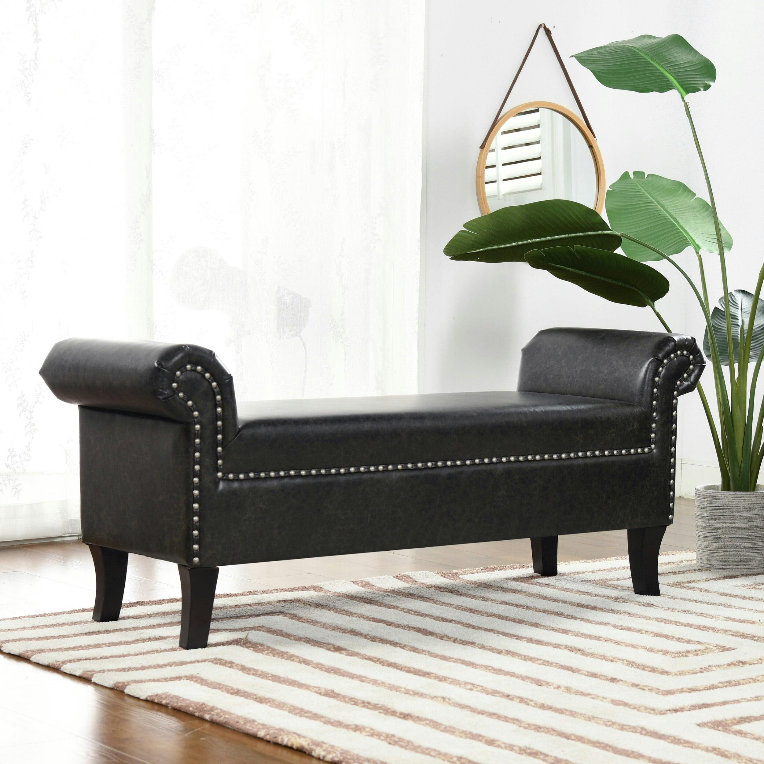 Vintage Black Faux Leather Roll-Arm Entryway Bench