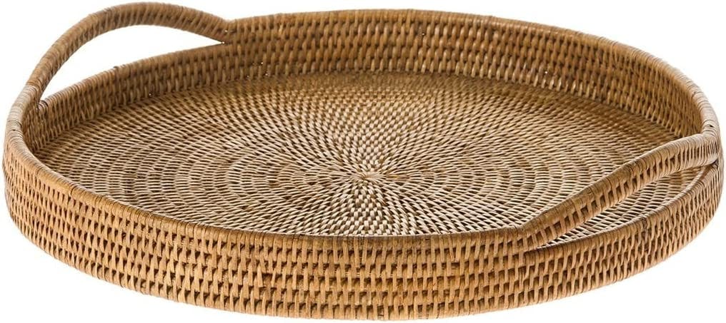 18" Honey Brown Rattan Round Serving Tray with Lacquered Finish