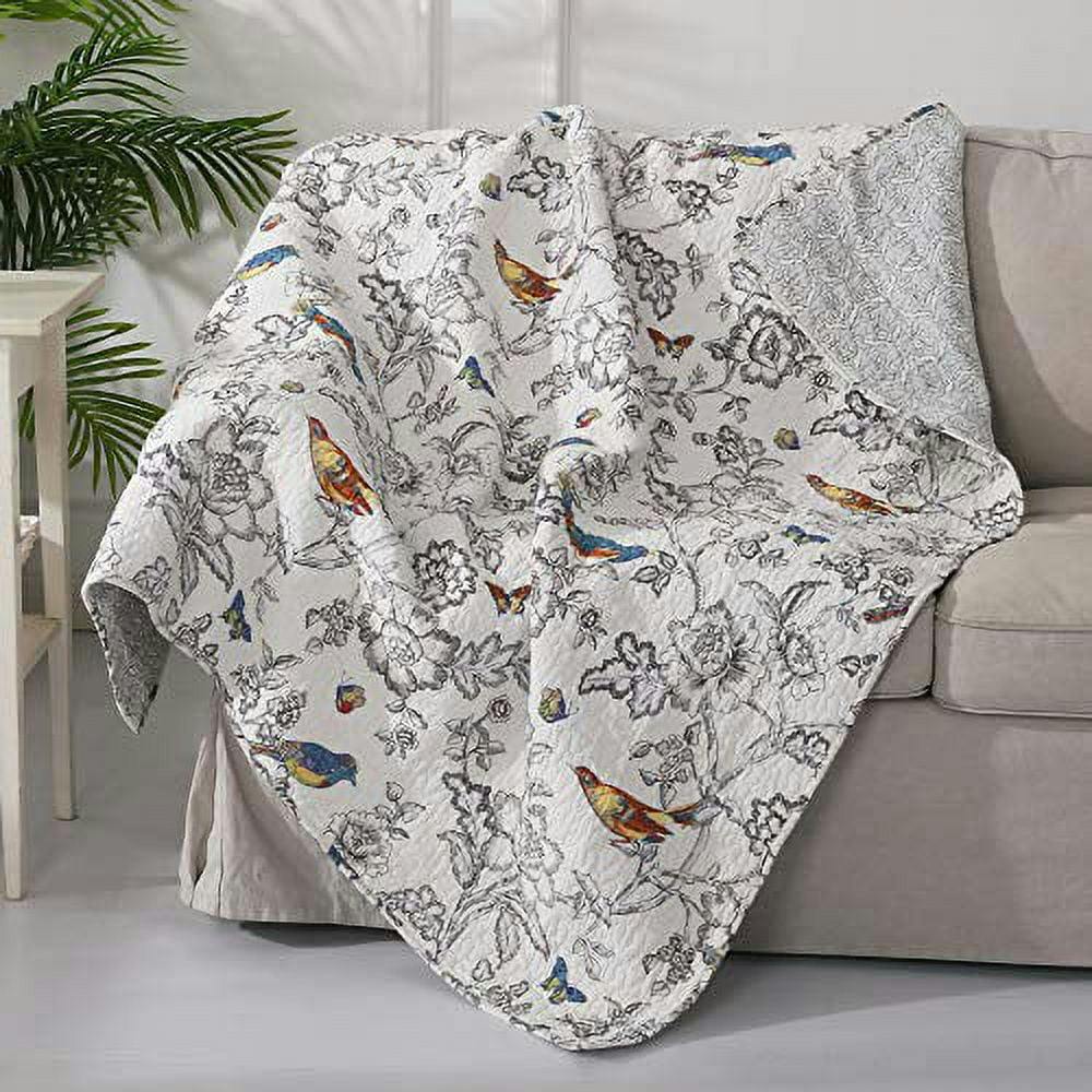 French Toile Inspired Reversible Cotton Quilted Throw in Grey